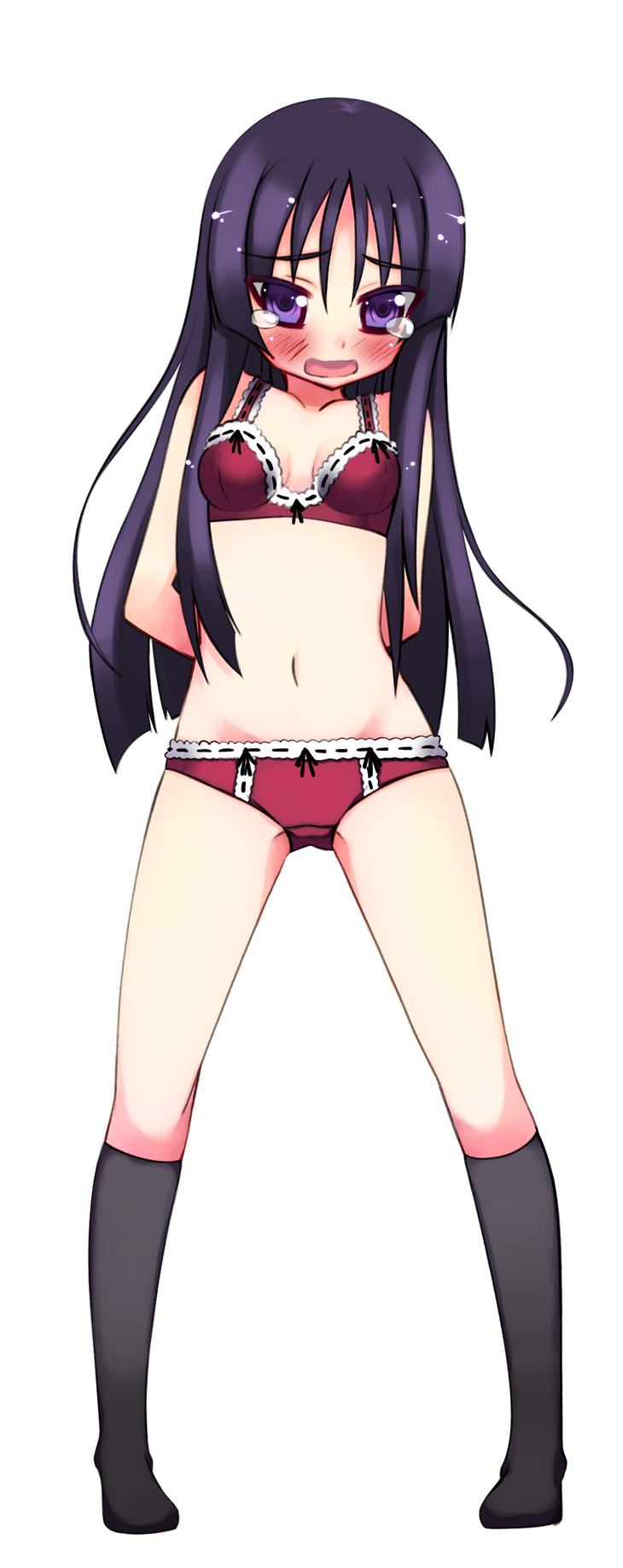 akino sora, akiyama mio, k-on!, bad id, bad pixiv id, highres, 00s, 1girl, blush, bra, female focus, lingerie, long hair, panties, purple eyes, purple hair, red bra, red panties, socks, solo, tears, underwear, underwear only