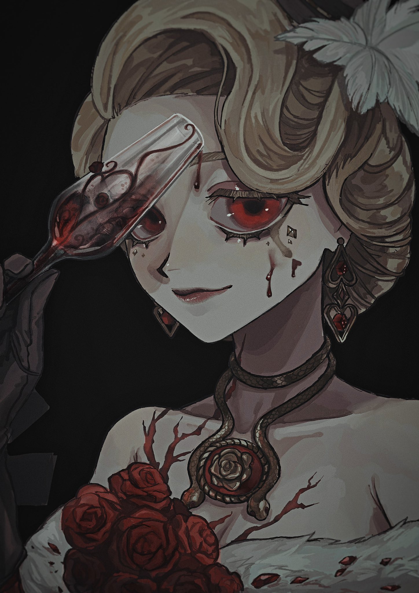 hnnstkn001, emily dyer, emily dyer (risktaker), identity v, highres, protected link, 1girl, alcohol, bare shoulders, black background, black gloves, black ribbon, blonde hair, blood, blood on face, bouquet, breasts, cleavage, closed mouth, collarbone, cup, dress, drink, drinking glass, earrings, feathers, flower, fur-trimmed dress, fur trim, gem, gloves, hair flower, hair intakes, hair ornament, hand up, heart, heart earrings, holding, holding cup, jewelry, looking at viewer, makeup, mark under both eyes, necklace, portrait, red dress, red eyes, red flower, red gemstone, red lips, red rose, ribbon, rose, short hair, simple background, smile, snake, snake necklace, snake wrapped around neck, solo, wine, wine glass