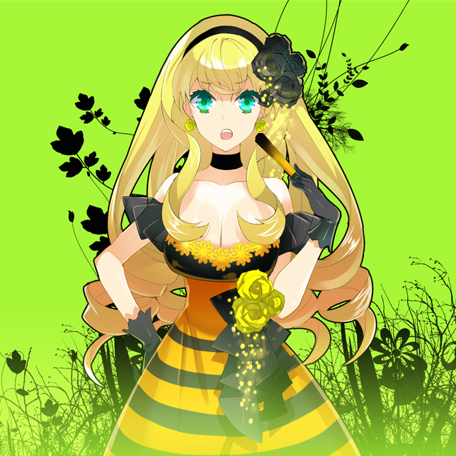 mami (apsaras), original, 1girl, aqua eyes, bare shoulders, blonde hair, breasts, choker, cleavage, dress, drill hair, female focus, gloves, hairband, large breasts, long hair, solo