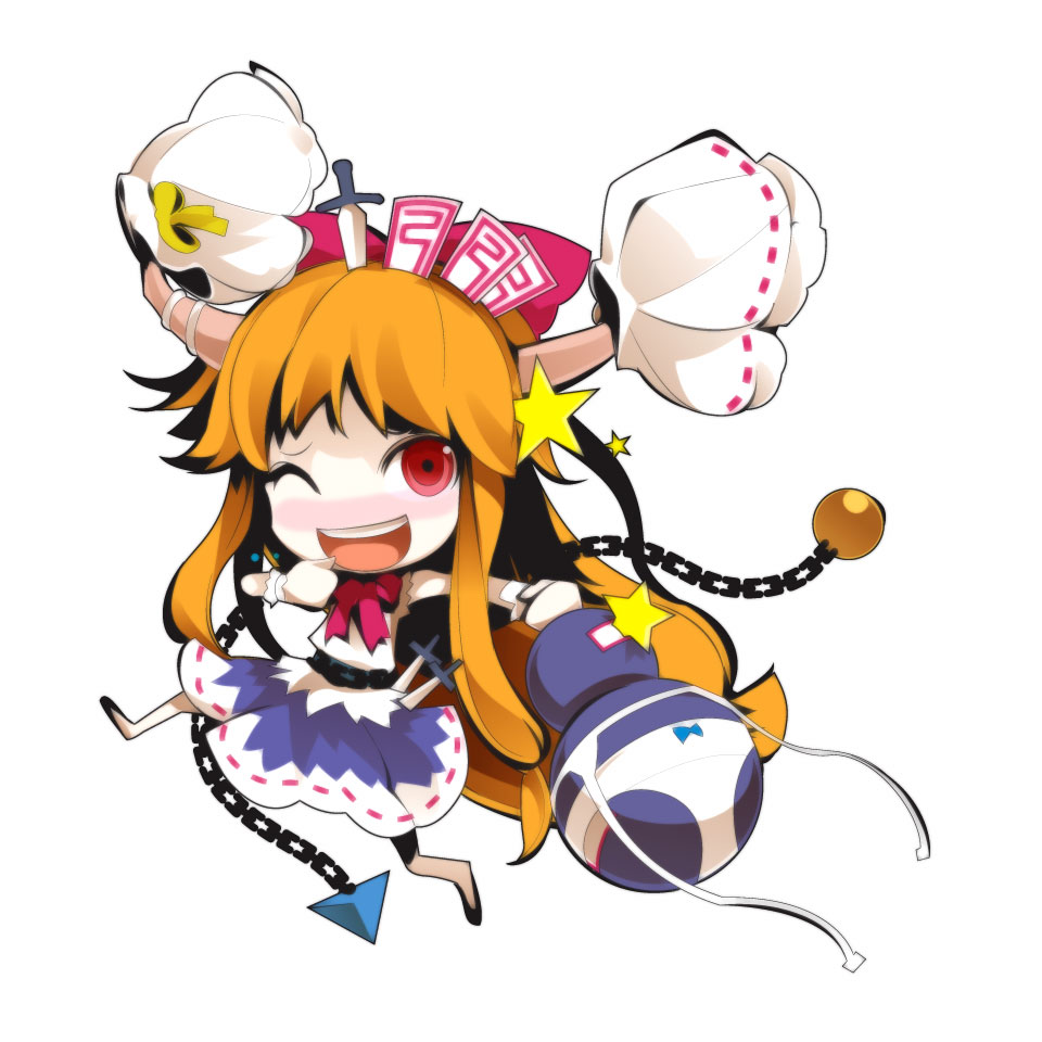 uki (room 405), ibuki suika, touhou, bad id, bad pixiv id, 1girl, bloomers, bow, bow bloomers, bow panties, chain, clothes theft, female focus, garter belt, grin, horns, knife, long hair, ofuda, one eye closed, orange hair, panties, red eyes, smile, solo, star (symbol), theft, underwear, underwear theft, white panties, wink