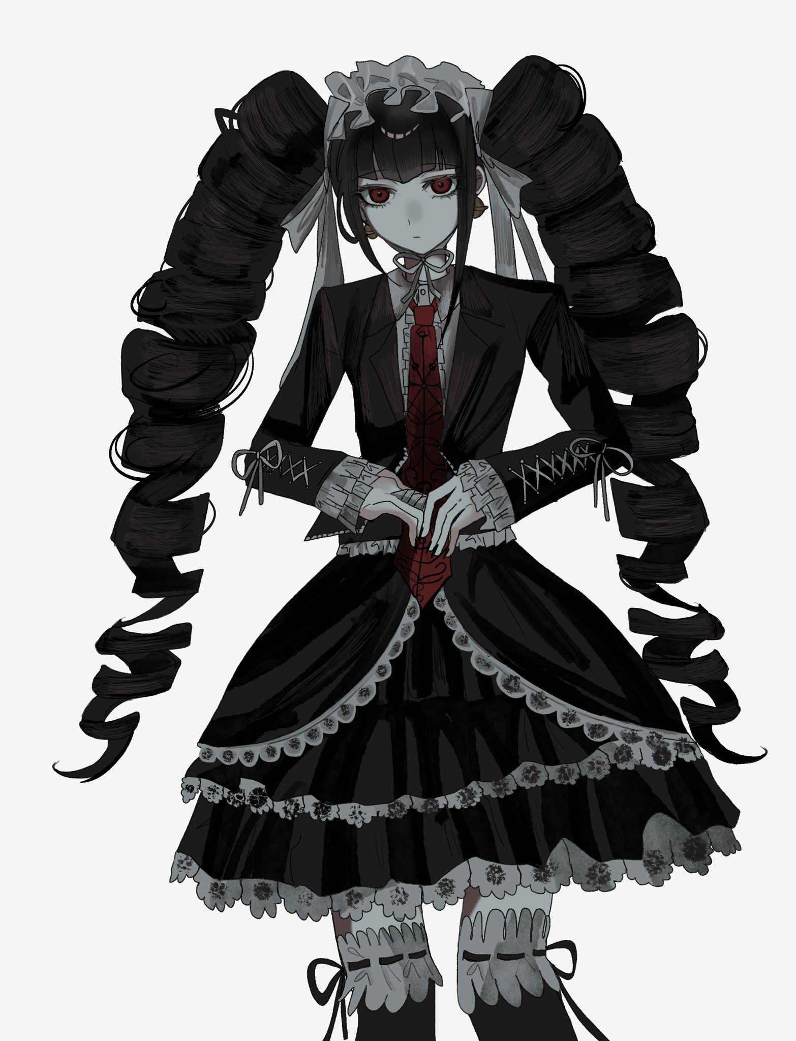 egao (nsazrs), celestia ludenberg, danganronpa: trigger happy havoc, danganronpa (series), highres, 1girl, black hair, black jacket, black nails, black ribbon, black skirt, drill hair, earrings, feet out of frame, frills, gothic lolita, jacket, jewelry, layered skirt, lolita fashion, long hair, long sleeves, nail polish, necktie, red eyes, red necktie, ribbon, shirt, simple background, skirt, solo, standing, twin drills, twintails, white background