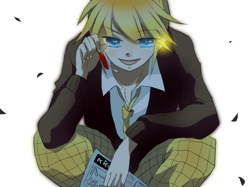loveloid, kagamine len, psycho-puzzle, vocaloid, 1boy, blonde hair, blue eyes, formal clothes, gradient background, male focus, necktie, short hair, smile, solo, squatting, yellow necktie