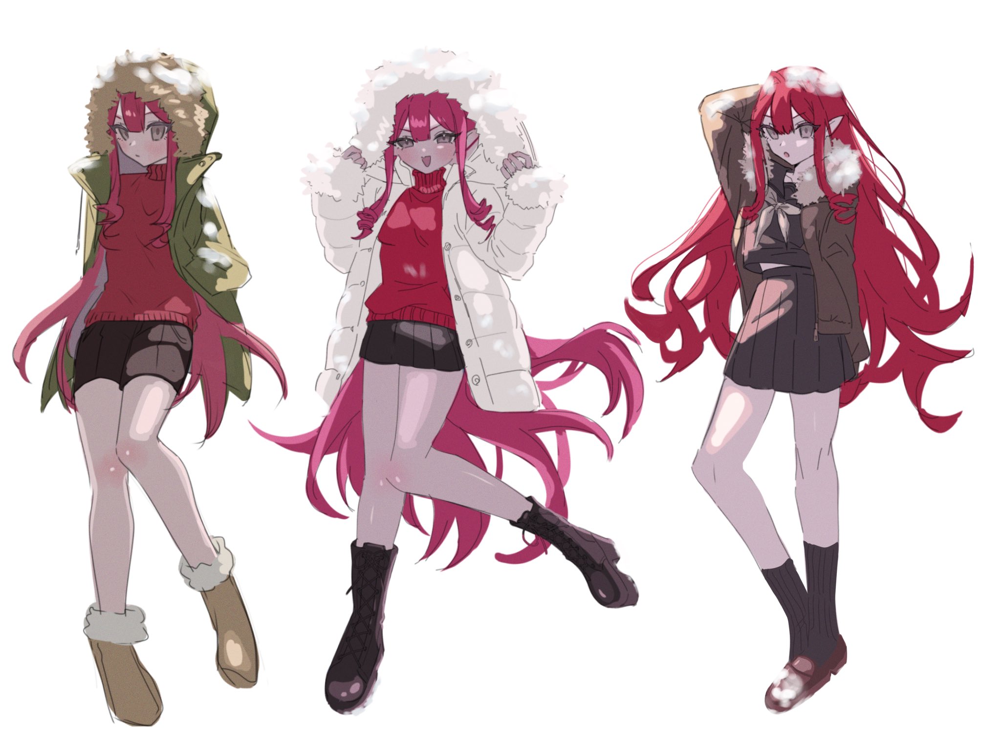 590kogure590, baobhan sith (fate), fate/grand order, fate (series), highres, black sailor collar, black shirt, black skirt, blush, boots, coat, grey hair, hood, hoodie, long hair, looking at viewer, multiple views, open clothes, open coat, open mouth, pleated skirt, pointy ears, red hair, red shirt, sailor collar, shirt, skirt, white coat