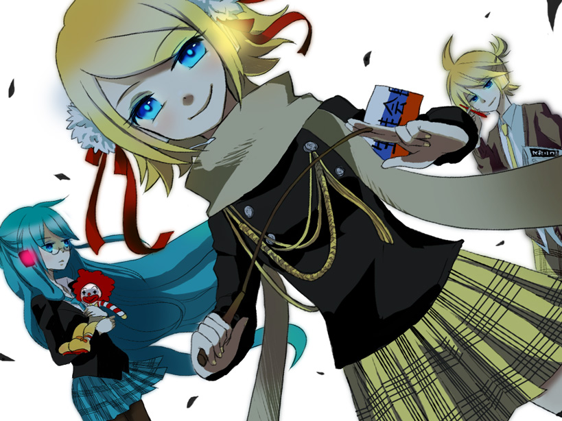 loveloid, hatsune miku, kagamine len, kagamine rin, ronald mcdonald, mcdonald's, psycho-puzzle, vocaloid, 1boy, 2girls, aqua hair, armband, blonde hair, blue eyes, glasses, hair ribbon, headset, long hair, multiple girls, necktie, pantyhose, ribbon, scarf, short hair, skirt, smile, thighhighs, whip