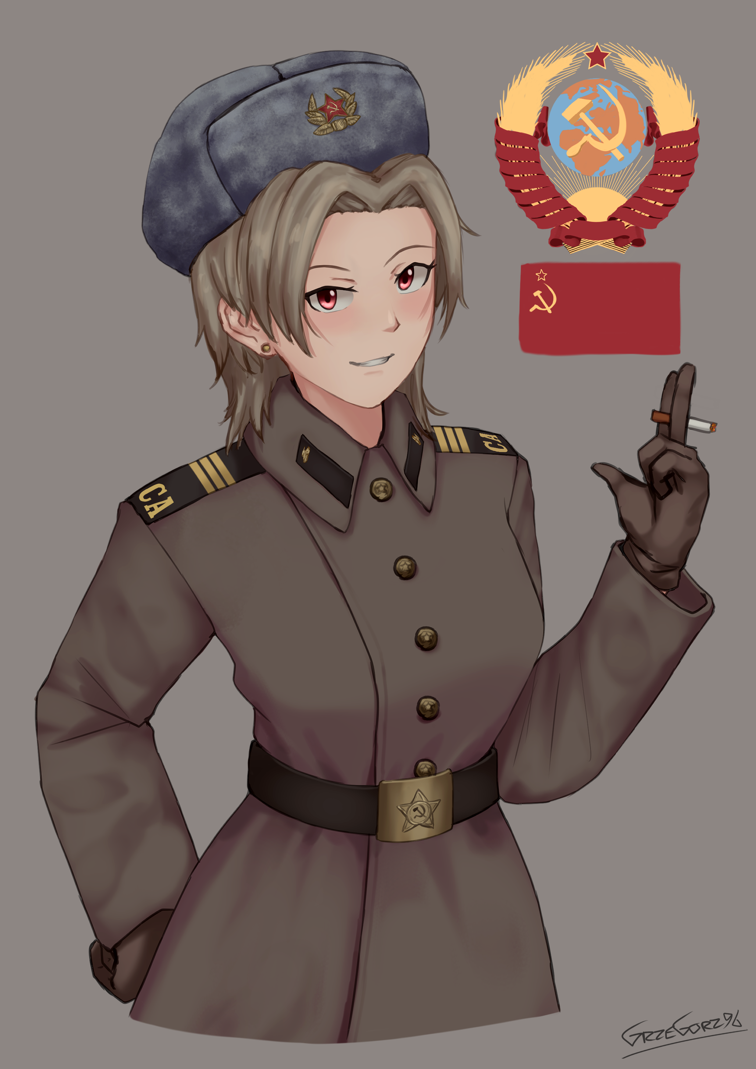 grzegorz1996, original, absurdres, commentary, english commentary, highres, 1girl, artist name, belt, black belt, black hat, brown coat, brown gloves, brown hair, cigarette, coat, collar tabs, earrings, emblem, gloves, grey background, grin, hammer and sickle, hand on own hip, hat, holding, holding cigarette, jewelry, looking at viewer, military, military uniform, red eyes, red star, shoulder boards, simple background, smile, soldier, solo, soviet, soviet army, star (symbol), trench coat, upper body, ushanka