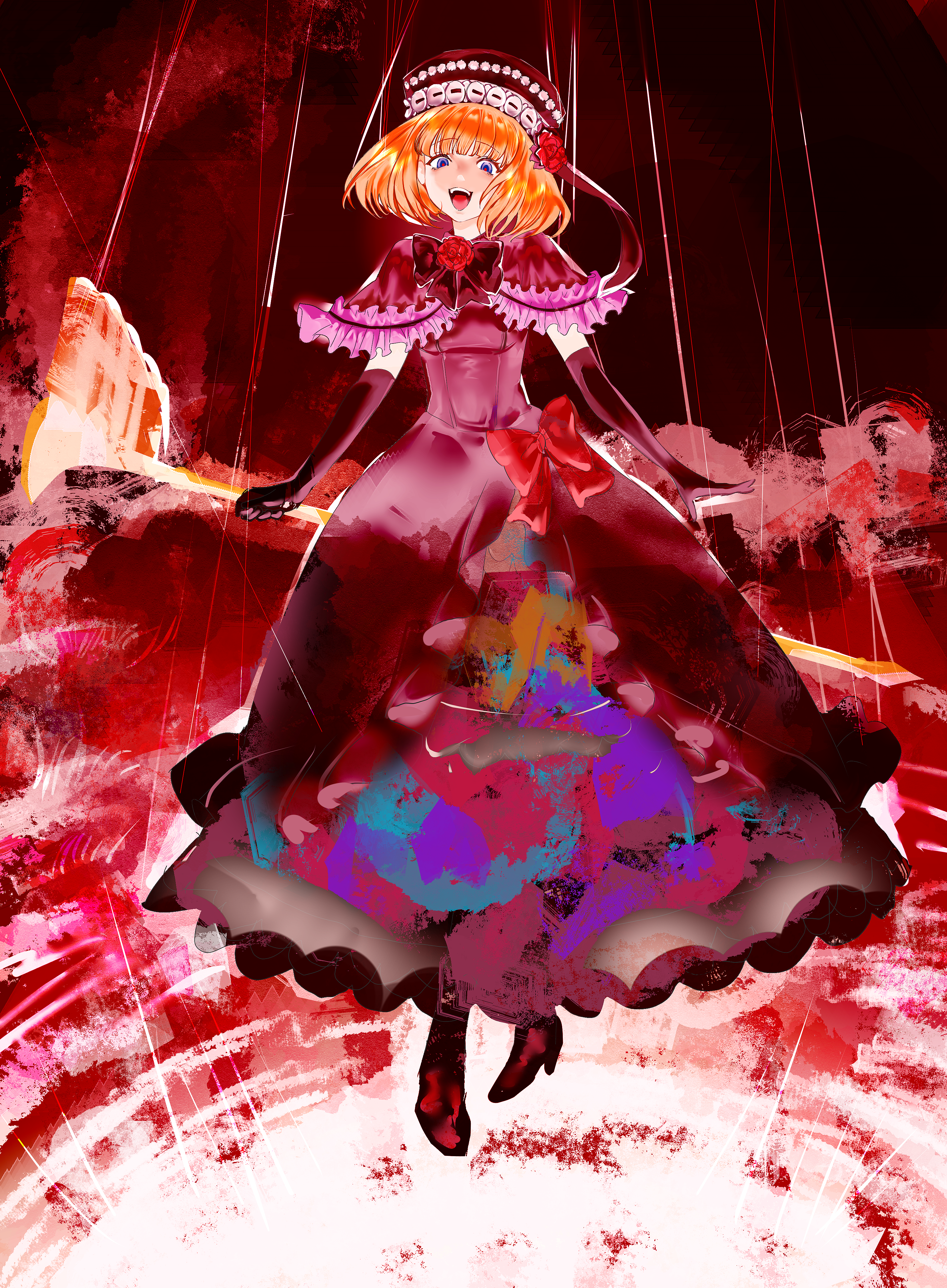 eva beatrice, umineko no naku koro ni, absurdres, highres, 1girl, :d, abstract, black boots, black bow, black bowtie, black gloves, blue eyes, blunt bangs, bob cut, boots, bow, bowtie, capelet, crazy smile, dress, elbow gloves, fangs, flower, frilled capelet, frills, full body, gloves, high heels, holding, holding staff, looking at viewer, open mouth, orange hair, purple capelet, purple dress, qiaokelijie, red flower, red pupils, red rose, rose, smile, solo, staff
