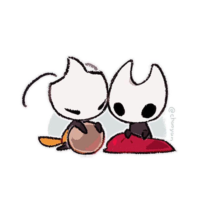 hornet (hollow knight), shakra (hollow knight), hollow knight, hollow knight: silksong, 2girls, aged down, arthropod girl, artist name, ball, black skin, chao yan, cloak, colored skin, holding, hollow eyes, horned mask, mask, multiple girls, red cloak, sitting, white background, white mask