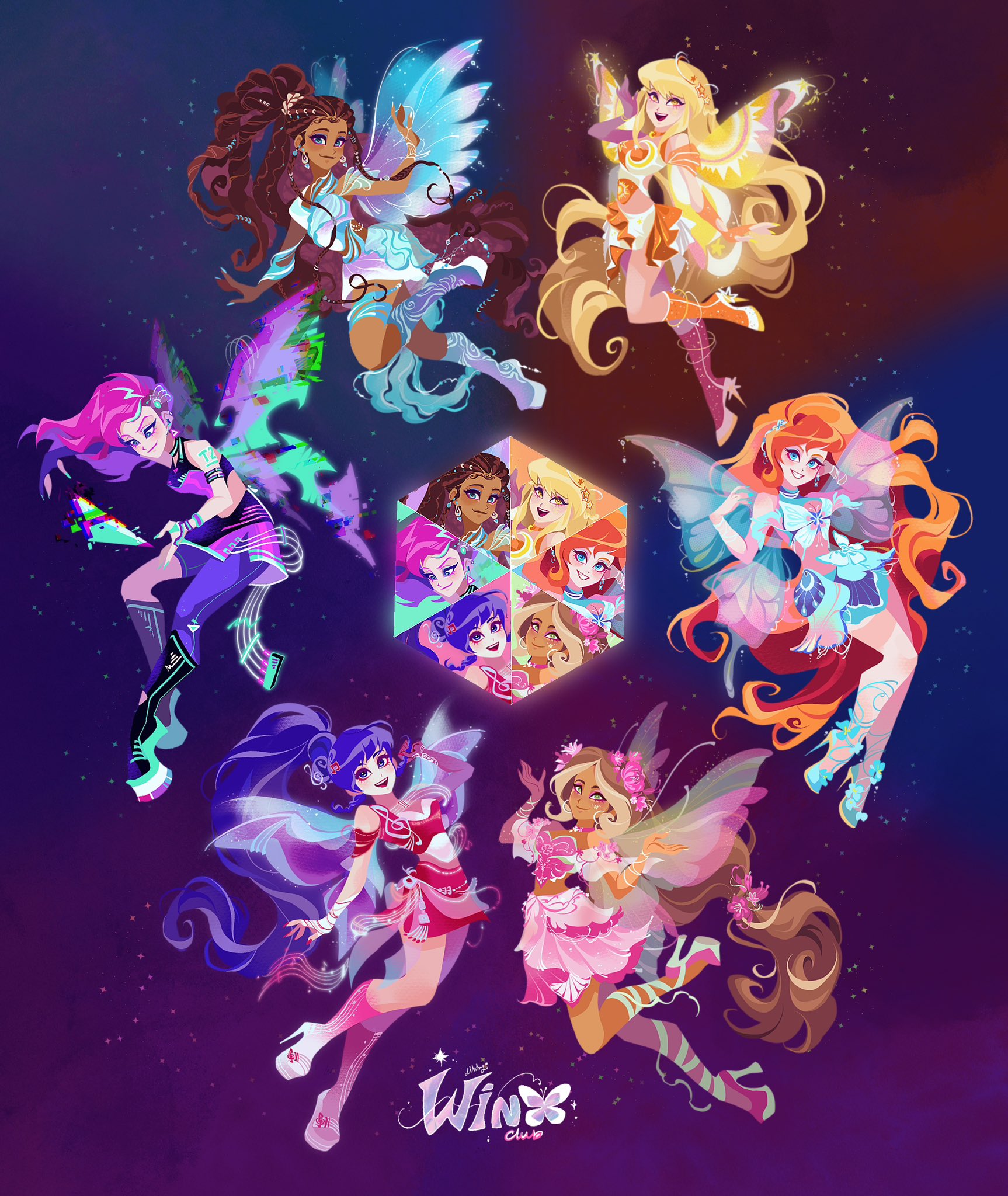 libbly libby, aisha (winx club), bloom (winx club), flora (winx club), musa (winx club), stella (winx club), tecna (winx club), winx club, winx club (reboot), highres, 6+girls, absurdly long hair, aqua nails, arm ribbon, armband, asymmetrical gloves, asymmetrical hair, asymmetrical legwear, bare shoulders, black armband, black boots, blonde hair, blue boots, blue dress, blue eyes, blue hair, blue shirt, blue shoes, blue skirt, blue wings, blunt bangs, boots, breasts, brown hair, bug, butterfly, choker, circlet, cleavage, closed mouth, clothing cutout, colorful background, copyright name, crop top, dark-skinned female, dark skin, detached sleeves, dress, elbow gloves, fairy, fairy wings, fingerless gloves, flower, flower skirt, forehead, full body, gloves, gradient boots, green eyes, green ribbon, green shoes, grin, hair between eyes, hair flower, hair ornament, hand on own face, happy, high heel boots, high heels, high ponytail, insect, knee boots, leaning forward, leg up, light particles, long hair, looking at viewer, low-tied long hair, low neckline, magic, magical girl, midriff, miniskirt, mismatched gloves, multicolored hair, multiple girls, musical staff, nail polish, neck flower, number tattoo, orange dress, orange hair, pantyhose, pink boots, pink choker, pink flower, pink gloves, pink hair, pink shirt, pink skirt, pink sleeves, pink wings, platform boots, ponytail, purple dress, purple pantyhose, purple wings, red shirt, red skirt, ribbon, shirt, shoes, short sleeves, shoulder cutout, shoulder tattoo, single elbow glove, single fingerless glove, skirt, sleeveless, sleeveless dress, smile, star (symbol), star hair ornament, stiletto heels, stomach cutout, strapless, strapless shirt, streaked hair, tattoo, transparent wings, turtleneck, turtleneck shirt, two-tone dress, very long hair, wavy hair, white boots, white dress, white gloves, wings, zoom layer