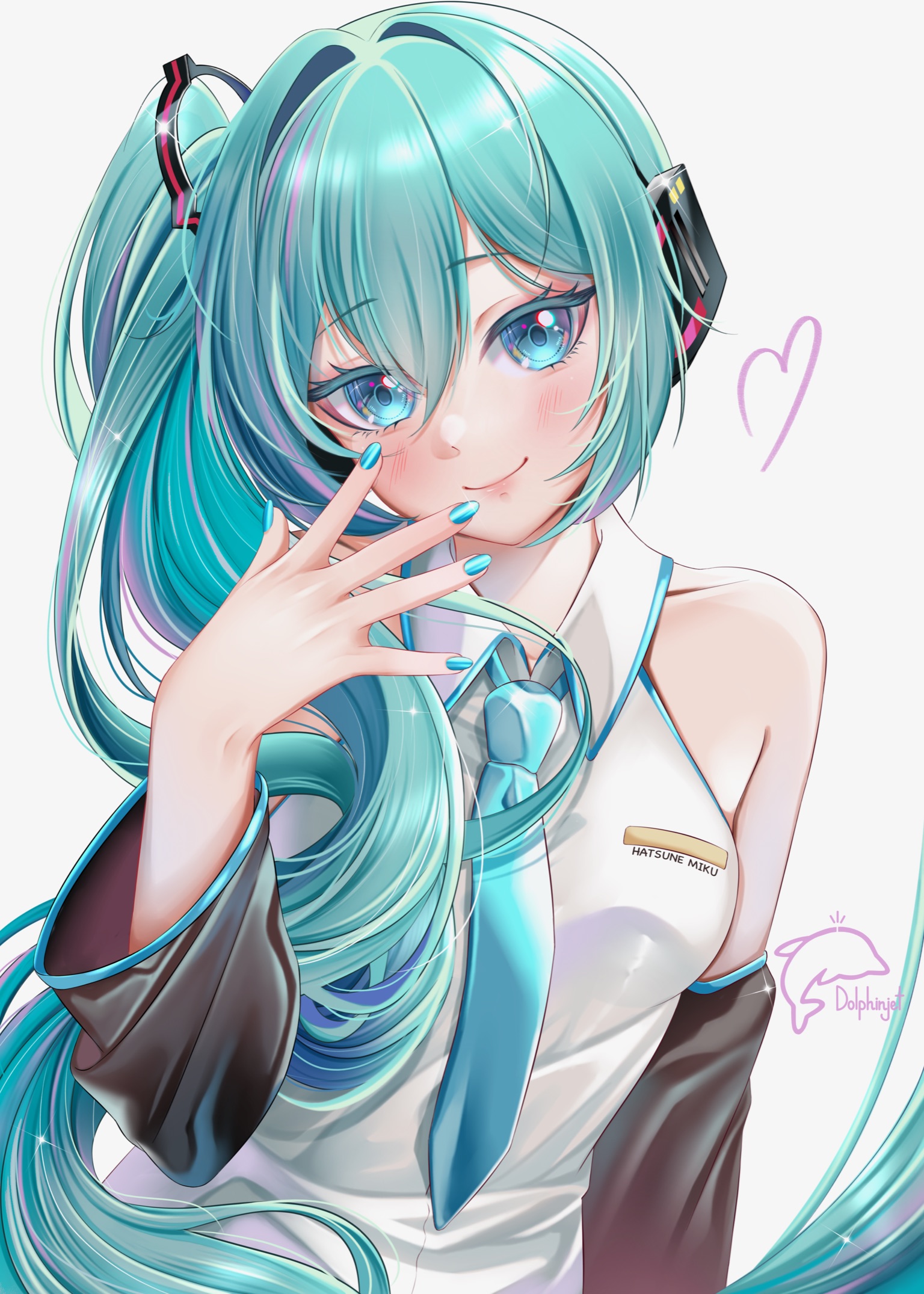 dolphinjet, hatsune miku, hatsune miku (noodle stopper), vocaloid, highres, 1girl, alternate hairstyle, aqua eyes, aqua hair, aqua nails, aqua necktie, aqua trim, artist name, bare shoulders, black sleeves, blush, breasts, closed mouth, collarbone, collared shirt, detached sleeves, hair between eyes, hair ornament, hair over shoulder, hand up, head tilt, headphones, long hair, long sleeves, looking at viewer, medium breasts, meme, necktie, shirt, side ponytail, sidetail miku noodle stopper (meme), simple background, sleeveless, sleeveless shirt, smile, solo, upper body, very long hair, white background, white shirt, wide sleeves