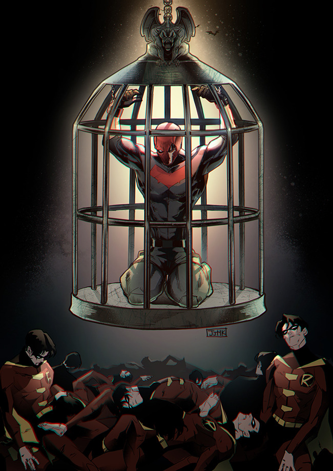 jjmk-jjmk, jason todd, red hood (dc), batman (series), dc comics, artist name, bat signal, batman symbol, black bodysuit, black gloves, black hair, bodysuit, domino mask, eye mask, full body, gloves, grey bodysuit, male focus, mask, multicolored bodysuit, multiple boys, muscular, muscular male, pants, red hood and the outlaws, red mask, short hair, superhero costume, taut bodysuit, two-tone bodysuit