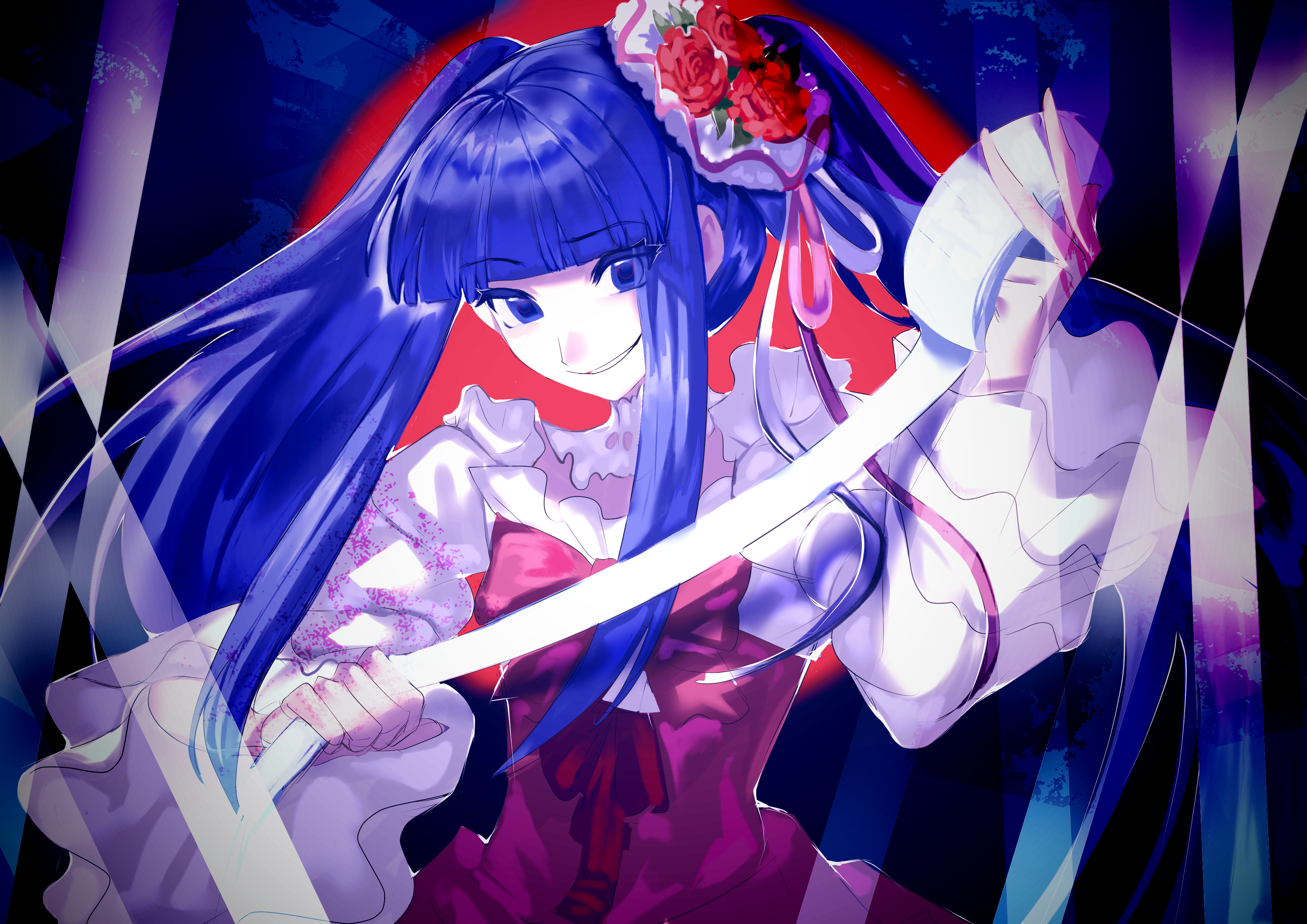 furudo erika, umineko no naku koro ni, absurdres, highres, 1girl, blue eyes, blue hair, blunt bangs, bow, choker, dress, floating hair, flower, frilled sleeves, frills, hair flower, hair ornament, hat, hat ribbon, long sidelocks, looking at viewer, pink bow, pink dress, pink ribbon, qiaokelijie, ribbon, sidelocks, smile, smirk, solo, tape, twintails, upper body, white choker, white ribbon, wide sleeves
