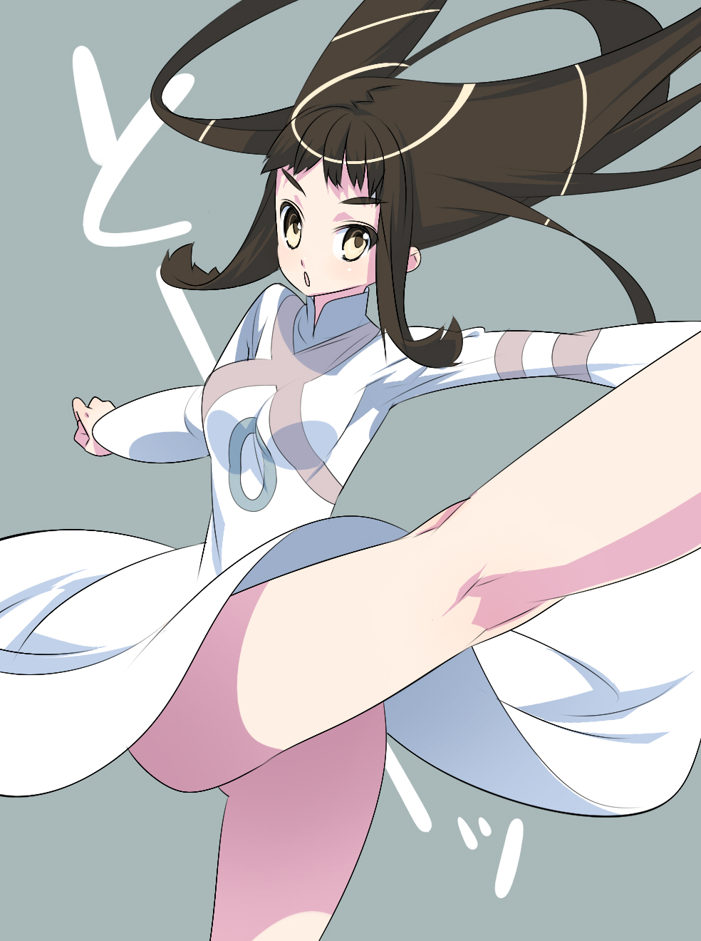 tensugi takashi, mono (shadow of the colossus), shadow of the colossus, bad id, bad pixiv id, highres, 1girl, :o, brown eyes, brown hair, female focus, kicking, legs, long hair, solo