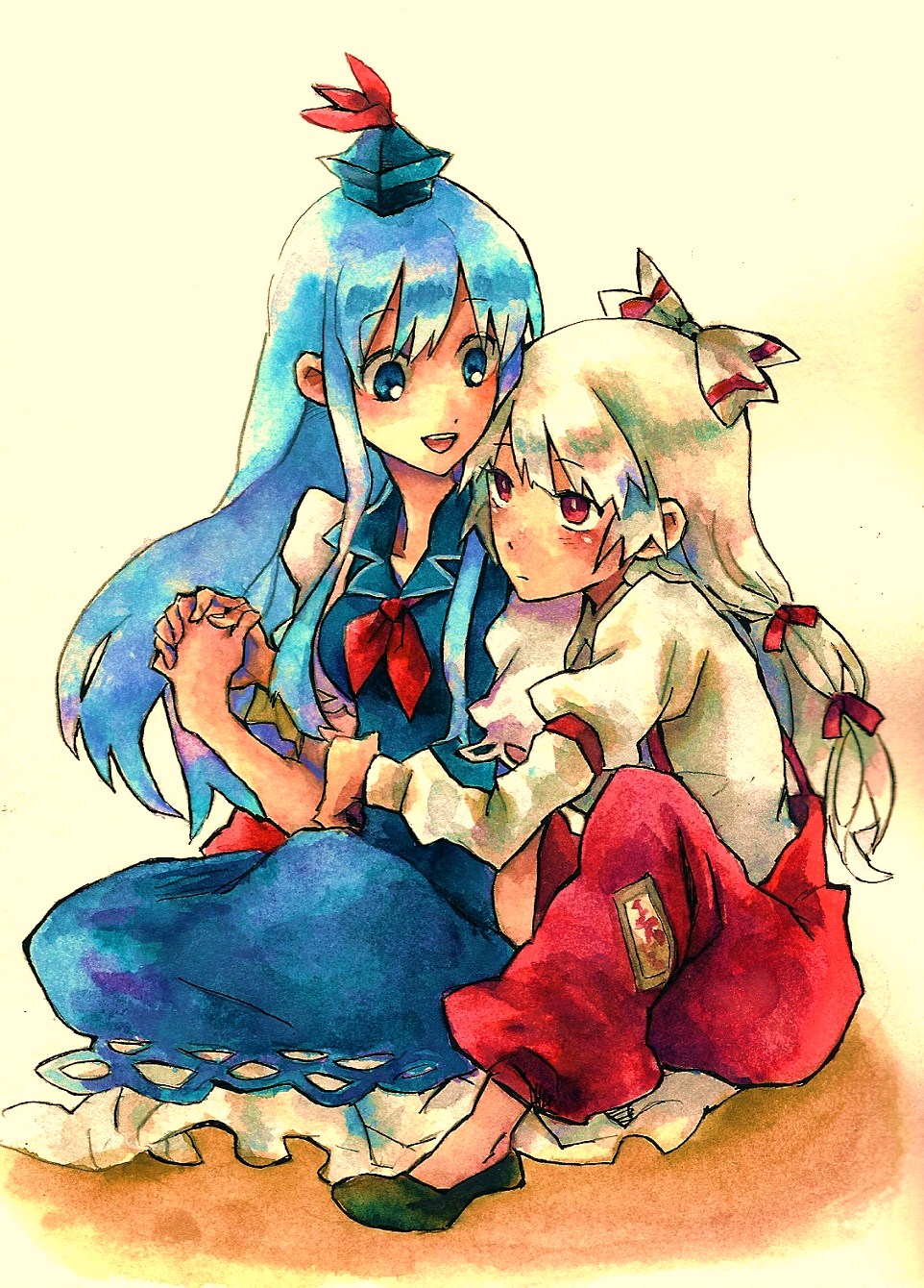 shinoasa, fujiwara no mokou, kamishirasawa keine, touhou, silver hair, highres, nib pen (medium), painting (medium), pen (medium), traditional media, watercolor (medium), 2girls, blue hair, bow, female focus, hair bow, hair ribbon, hat, hug, hug from behind, long hair, multiple girls, multiple hair bows, red eyes, ribbon