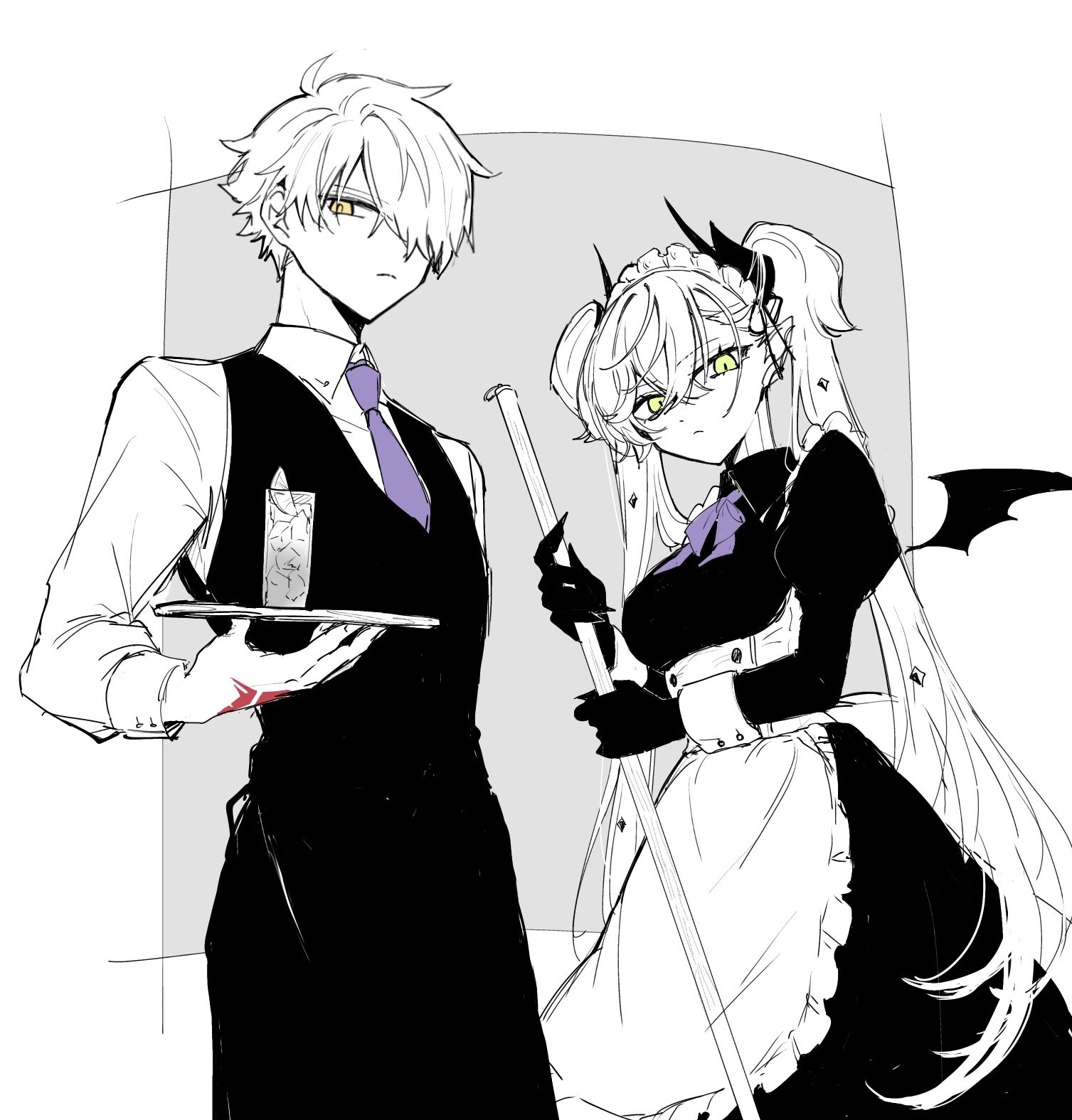 mo (aabx315), galahad (fate), lilith (fate), fate/grand order, fate (series), highres, 1boy, 1girl, alternate costume, apron, black hands, border, bow, bowtie, broom, closed mouth, collared dress, collared shirt, colored extremities, command spell, cowboy shot, crossed bangs, cup, demon girl, demon horns, demon wings, dress, drinking glass, food, fruit, green eyes, grey background, hair between eyes, hair over one eye, holding, holding broom, holding tray, horns, ice, ice cube, juliet sleeves, lemon, lemon slice, long hair, long sleeves, looking at viewer, maid, maid apron, maid headdress, monochrome, necktie, outside border, puffy sleeves, purple bow, purple bowtie, purple necktie, shirt, short hair, simple background, sleeve cuffs, spot color, tray, twintails, underbust, vest, waist apron, waiter, white border, wings, yellow eyes