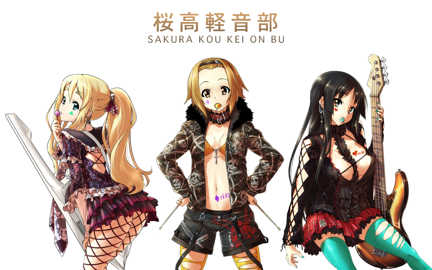 nekomamire, akiyama mio, kotobuki tsumugi, tainaka ritsu, k-on!, torn legwear, non-web source, 00s, 3girls, bass guitar, candy, clubs, fashion, fishnet pantyhose, fishnets, food, green nails, instrument, lollipop, long hair, multiple girls, nail polish, open clothes, open shirt, pantyhose, shirt, short hair, thighhighs, tomboy, torn clothes