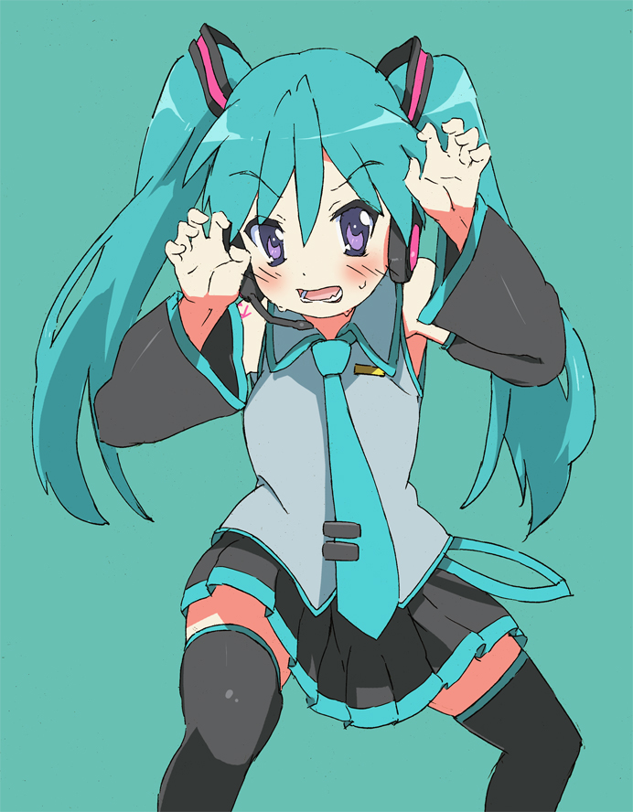 kitano yuusuke, hatsune miku, hiiragi kagami, lucky star, vocaloid, 1girl, blue hair, cosplay, detached sleeves, female focus, hatsune miku (cosplay), necktie, purple eyes, skirt, solo, thighhighs, twintails, zettai ryouiki