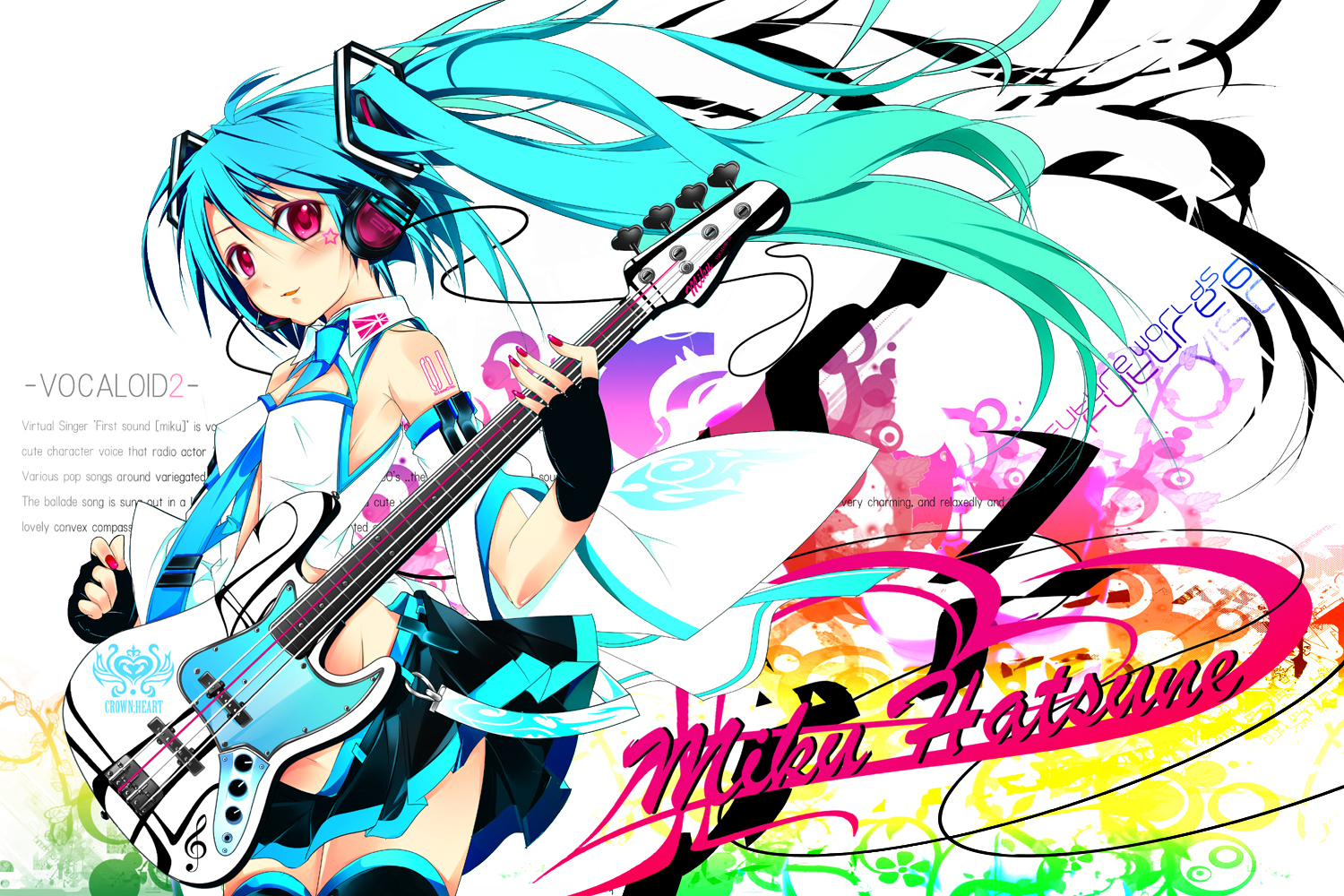 shirokitsune, hatsune miku, vocaloid, bad id, bad pixiv id, 1girl, aqua hair, bass guitar, blue hair, detached sleeves, english text, female focus, fingerless gloves, gloves, gradient hair, headphones, instrument, long hair, midriff, multicolored hair, nail polish, navel, red nails, skirt, solo, thighhighs, twintails