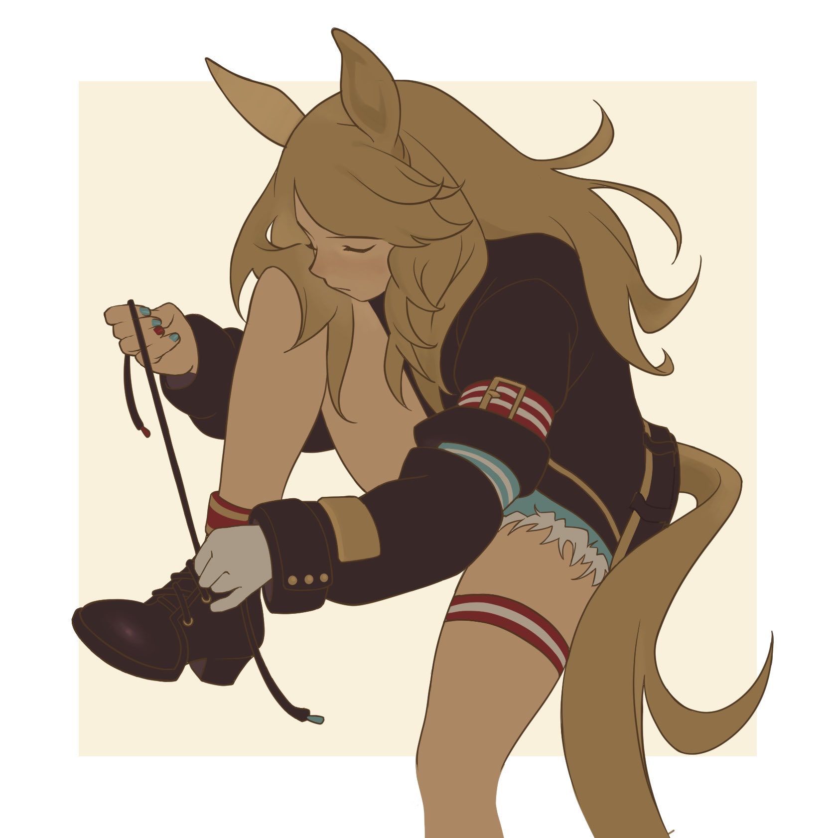 faithinstrngrs, gold city (authentic/1928) (umamusume), gold city (umamusume), umamusume, commentary, english commentary, highres, 1girl, animal ears, aqua belt, aqua nails, aqua shorts, arm belt, belt, belt buckle, black bow, black jacket, blonde hair, border, bow, buckle, closed eyes, closed mouth, denim, denim shorts, expressionless, foot out of frame, fur-trimmed shorts, fur trim, gloves, gold buckle, head on own knee, horse ears, horse girl, horse tail, jacket, leg up, light blush, long hair, long sidelocks, long sleeves, multicolored nails, nail polish, outside border, pointy nose, puffy long sleeves, puffy sleeves, red nails, red socks, short shorts, shorts, sidelocks, single glove, sleeve cuffs, socks, solo, striped belt, tail, thigh strap, tying footwear, wavy hair, white border, white gloves, yellow background