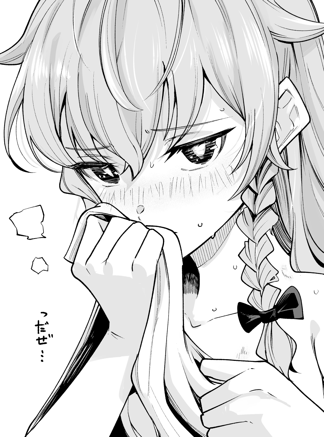 okeyadeokya, kirisame marisa, touhou, commentary request, highres, translation request, 1girl, blush, bow, braid, closed mouth, collarbone, greyscale, hair bow, long hair, looking at viewer, monochrome, side braid, single braid, solo, sweat