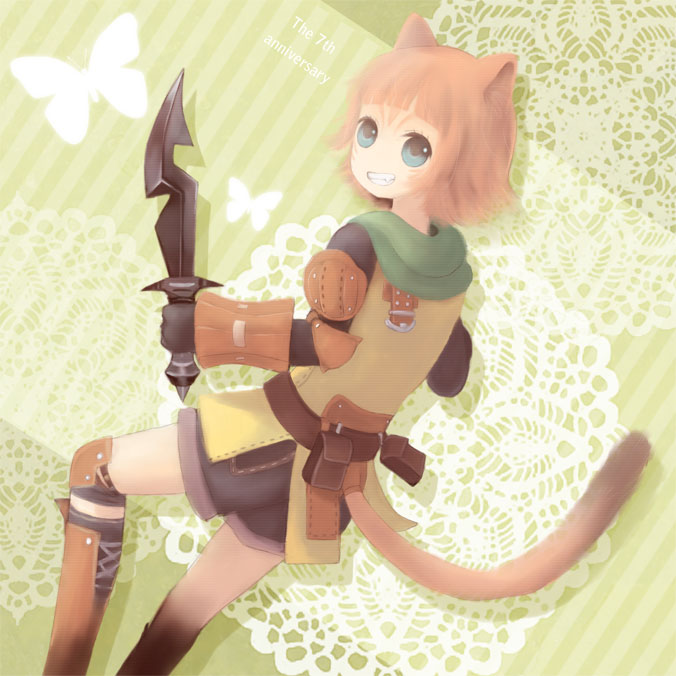 suzushiro haru, mithra (ff11), ranger, final fantasy, final fantasy xi, bad id, bad pixiv id, 00s, 1girl, animal ears, blue eyes, boots, cat girl, female focus, grin, knife, short hair, shorts, smile, solo, tail