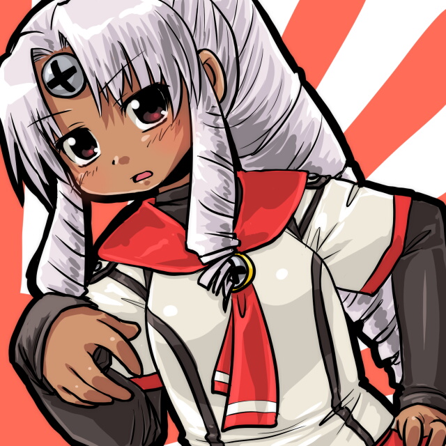 dd (ijigendd), vista-tan, vistake, os-tan, silver hair, bad id, bad pixiv id, blush, dark-skinned female, dark skin, red eyes, school uniform, solo