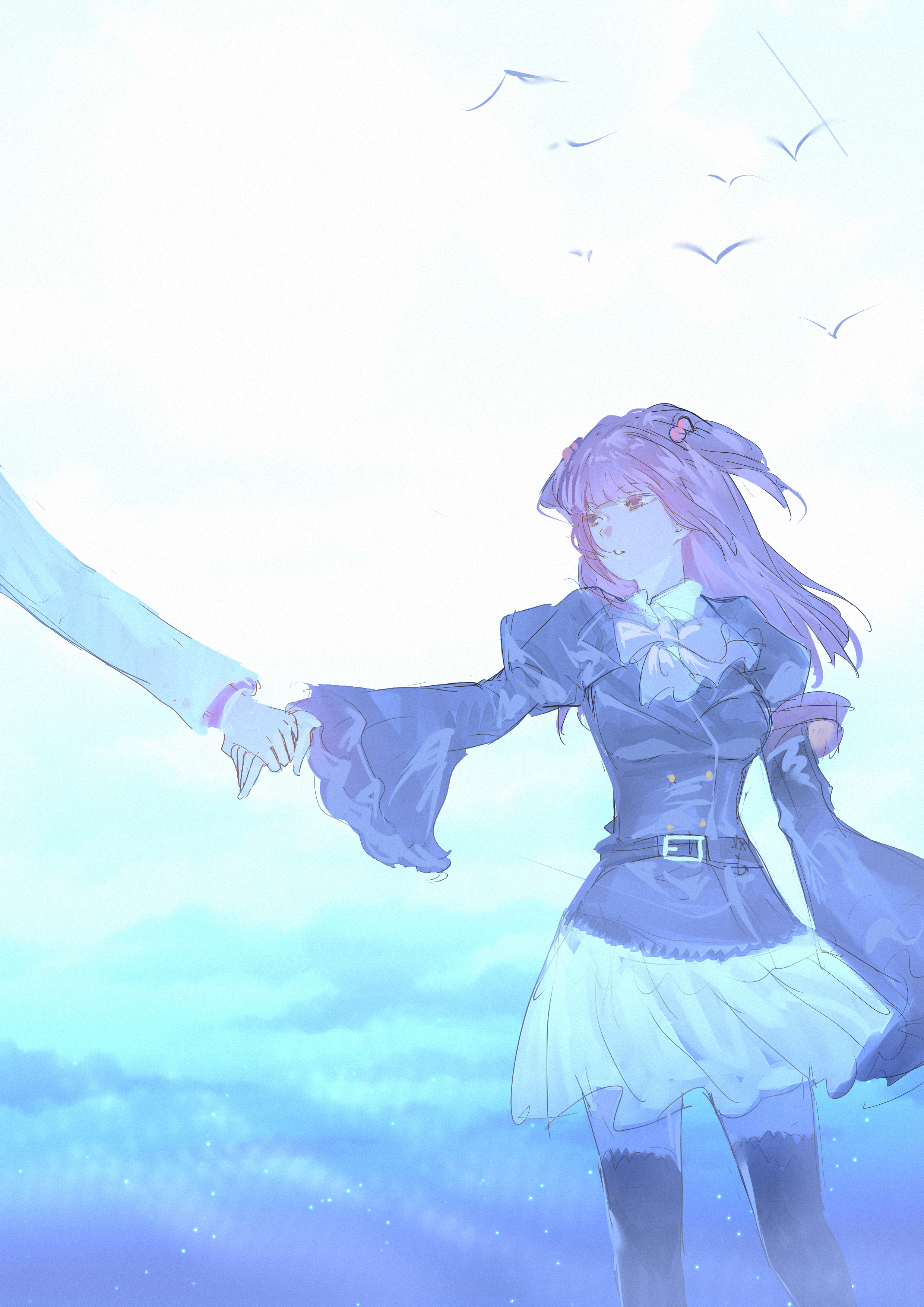 ushiromiya ange, ushiromiya battler, umineko no naku koro ni, absurdres, highres, 1boy, 1girl, beads, belt, bird, black belt, black jacket, black thighhighs, blue theme, blunt bangs, bow, bowtie, brother and sister, feet out of frame, floating clothes, floating hair, hair beads, hair ornament, half updo, holding hands, jacket, looking at another, parted lips, pink eyes, pink hair, puffy sleeves, purple bow, purple bowtie, qiaokelijie, seagull, short twintails, siblings, skirt, thighhighs, twintails, white skirt, wide sleeves, zettai ryouiki