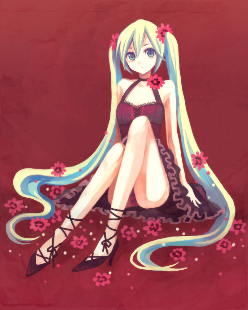 maco (munya), hatsune miku, vocaloid, aqua eyes, blonde hair, blue hair, dress, flower, long hair, multicolored hair, panties, pantyshot, shoes, twintails, underwear