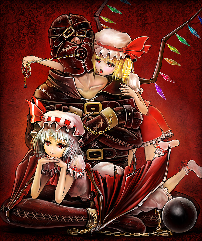 sai-go, flandre scarlet, remilia scarlet, touhou, bad id, bad pixiv id, 1boy, 2girls, ball and chain restraint, bat wings, bdsm, blonde hair, blue hair, bondage, bound, chain, fangs, feet, gag, gagged, gimp suit, hat, head rest, lying, multiple girls, on stomach, red eyes, ring gag, short hair, siblings, sisters, socks, wings
