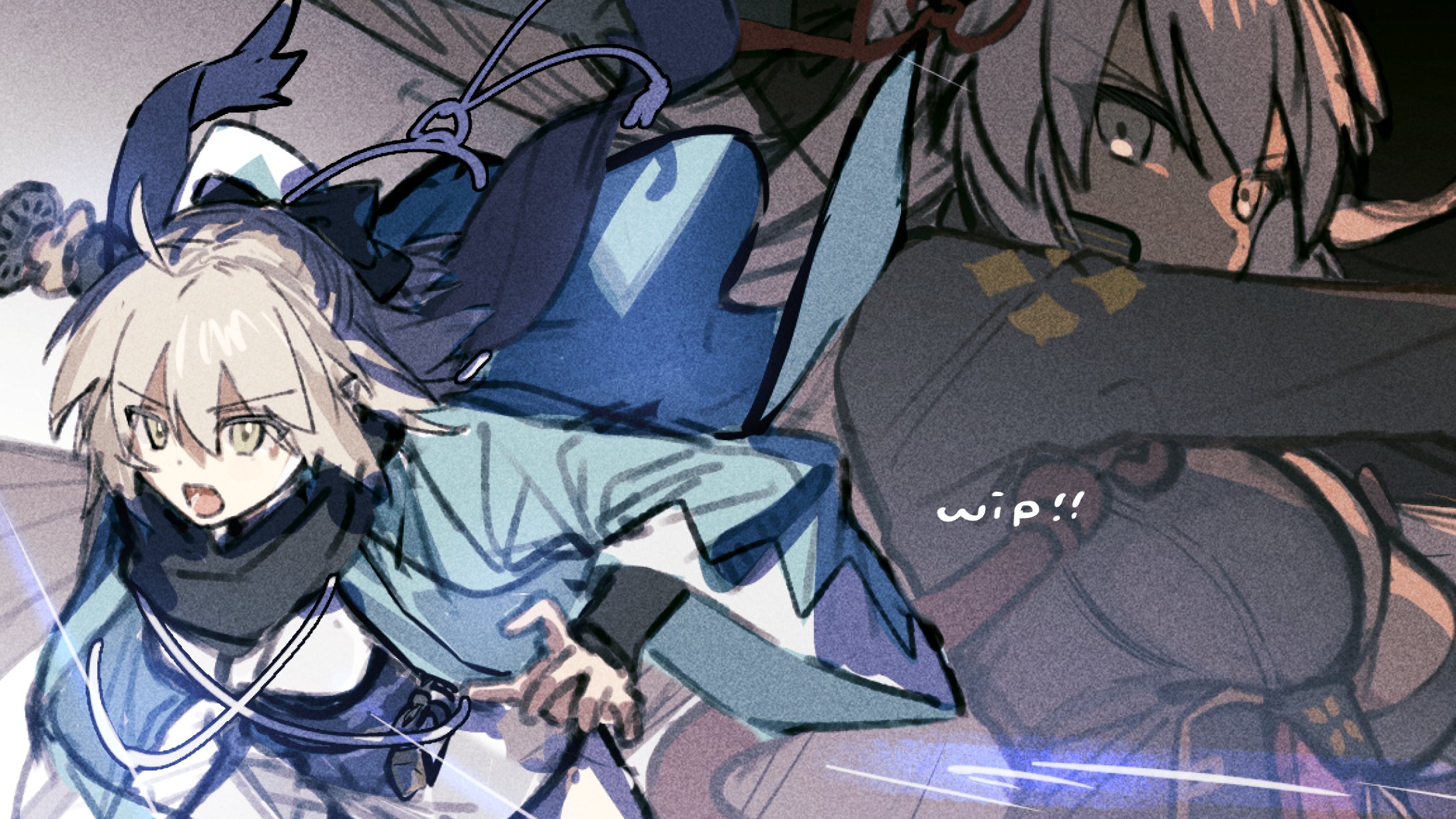 rizu033, okita souji (fate), okita souji alter (fate), okita souji alter (second ascension) (fate), fate/grand order, fate (series), commentary request, highres, unfinished, 2girls, armor, black background, black bow, black coat, black scarf, blonde hair, blue haori, blue sash, bow, breasts, cleavage, coat, covered mouth, dark-skinned female, dark skin, dual persona, floating clothes, grey eyes, hair between eyes, hair bow, hair ribbon, haori, holding, holding sword, holding weapon, japanese armor, japanese clothes, katana, kimono, kote, kurokote, long hair, long sleeves, looking at viewer, medium breasts, multiple girls, okita souji (third ascension) (fate), open clothes, open mouth, pink hair, red ribbon, ribbon, sash, scarf, short hair, sword, tassel, teeth, two-tone background, upper body, v-shaped eyebrows, weapon, white background, white kimono, wide sleeves, yellow eyes