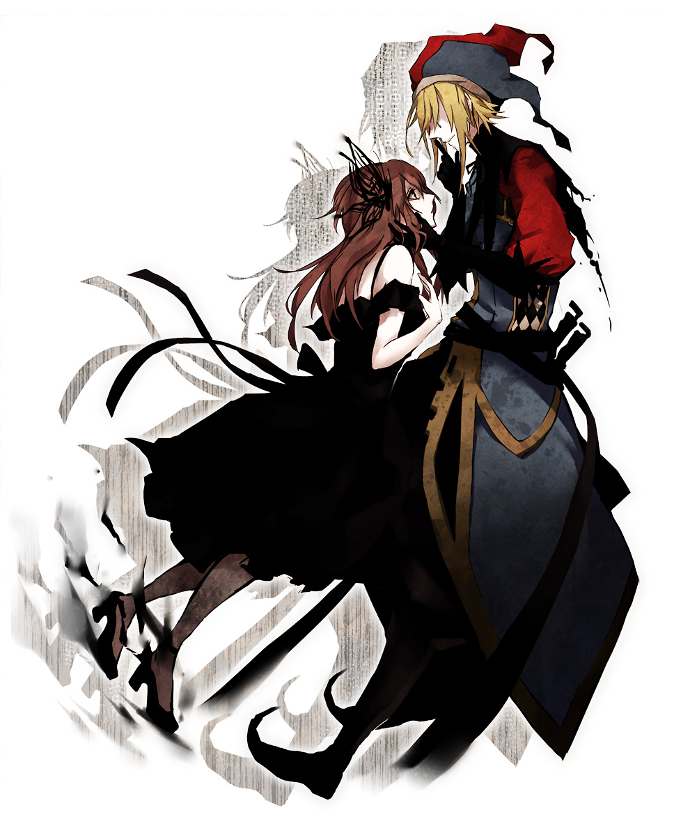 arisaka ako, original, bad id, bad pixiv id, 1boy, 1girl, belt, black dress, black gloves, blonde hair, brown eyes, brown hair, clown, dress, gloves, hair ornament, hair over eyes, hand on another's face, hat, high heels, jester, jester cap, long hair, looking up, no eyes, pantyhose, pink hair, pointy boots, red hair, ribbon, shoes, simple background, strap