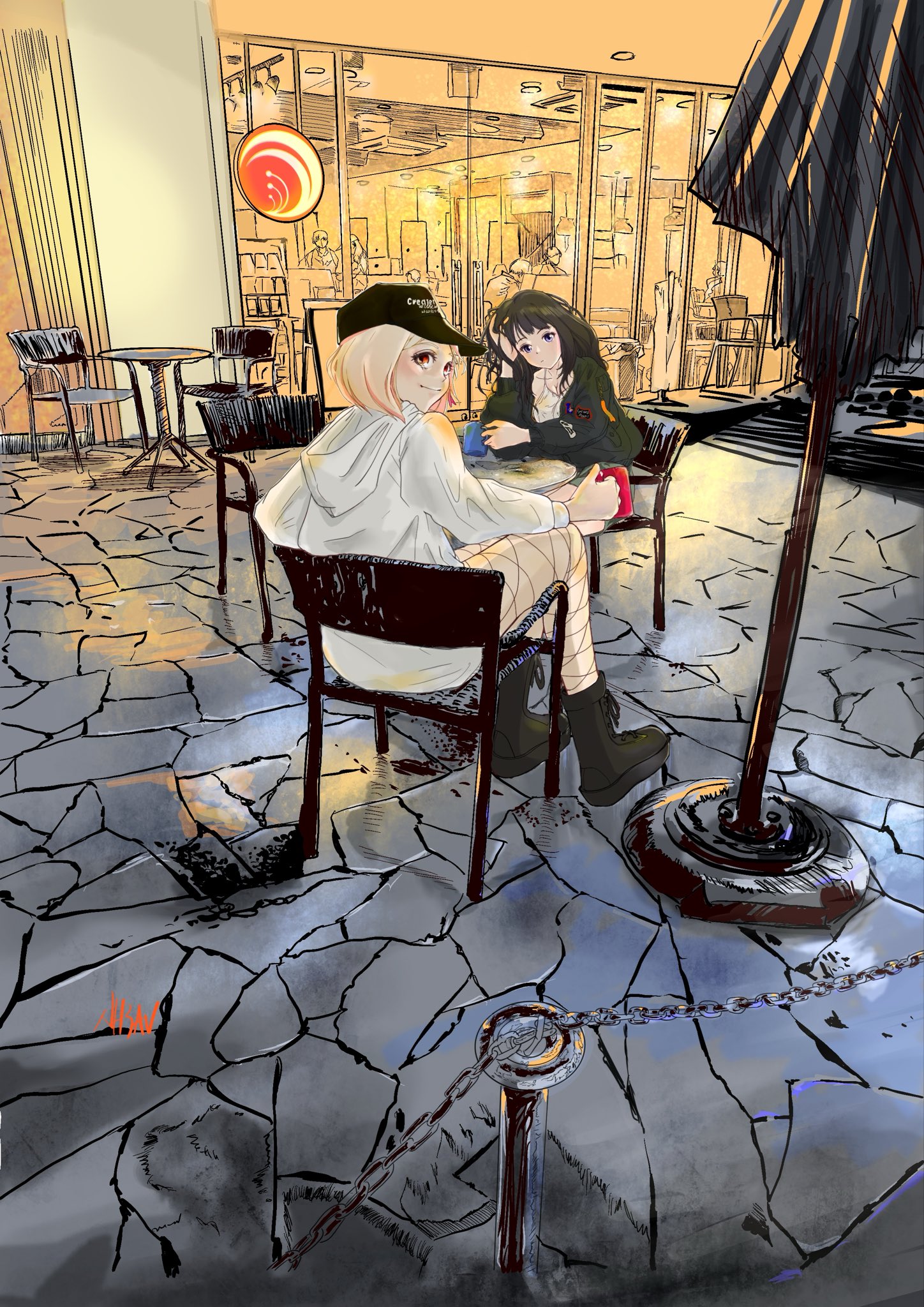 inoue takina, nishikigi chisato, lycoris recoil, highres, 2girls, black hair, blonde hair, blush, cafe, long hair, looking at viewer, looking back, multiple girls, nh3 av, purple eyes, red eyes, short hair, sitting