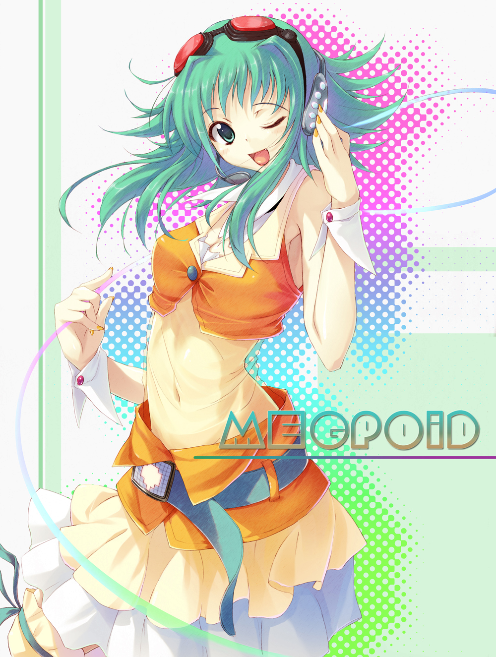 kochipu, kochipu2, gumi, vocaloid, bad id, bad pixiv id, highres, 1girl, ;d, aqua eyes, bare shoulders, belt, female focus, goggles, goggles on head, green hair, long hair, midriff, nail polish, navel, one eye closed, open mouth, red-tinted eyewear, skirt, smile, solo, tinted eyewear, wink, wrist cuffs, yellow nails