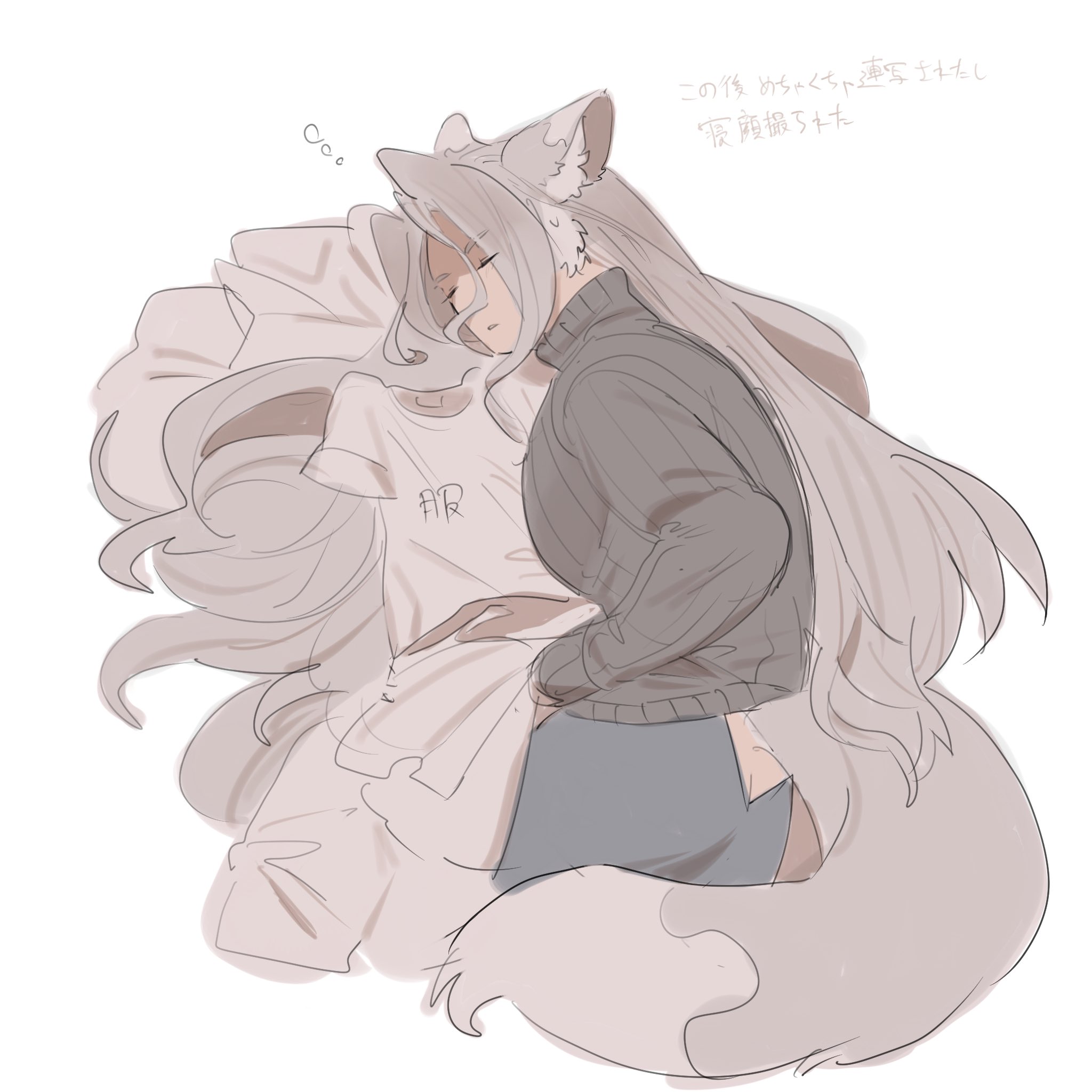 hattouissenbaka, sephiroth, final fantasy, final fantasy vii, commentary request, highres, translation request, 1boy, alternate costume, animal ears, black sweater, blue pants, closed eyes, clothing cutout, fox boy, fox ears, fox tail, grey fur, grey hair, head on pillow, holding, holding unworn clothes, indoors, kemonomimi mode, long hair, male focus, on bed, pants, pillow, ribbed sweater, shirt, sleeping, solo, sweater, t-shirt, tail, tail through clothes, turtleneck, turtleneck sweater, unworn clothes, upper body, white background