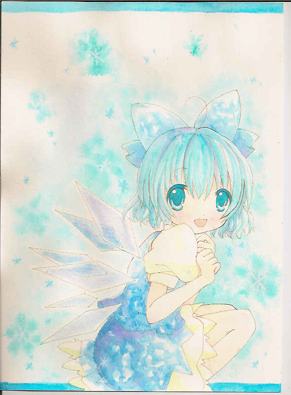 emo (artist), emo (mikan), cirno, embodiment of scarlet devil, touhou, bad id, bad pixiv id, 1girl, aqua theme, dress, fairy, female focus, gradient background, solo, wings