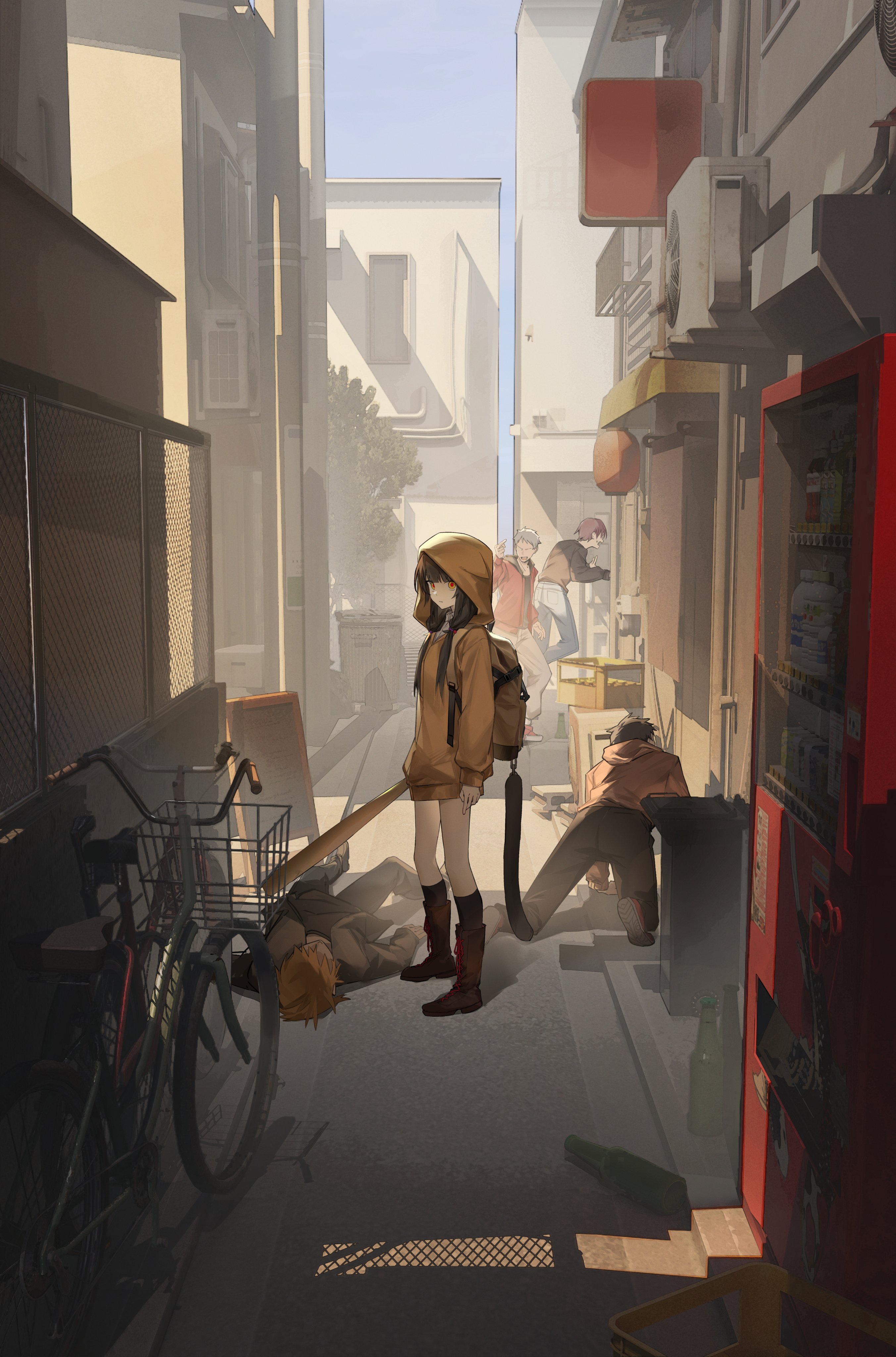 wuubaiwan, asakura karen (heaven burns red), heaven burns red, absurdres, highres, 1girl, 3boys, 4boys, 4girls, alley, backpack, bag, baseball bat, basket, bicycle, bicycle basket, black hair, black socks, blonde hair, boots, bottle, brown hair, brown hoodie, building, city, day, holding, hood, hood up, hoodie, jacket, knee boots, long hair, long sleeves, looking at viewer, lying, motor vehicle, multiple boys, multiple girls, orange hoodie, outdoors, pants, pink hair, road, short hair, sky, socks, standing, street, trash bag, twintails, vending machine, water bottle, yellow hoodie
