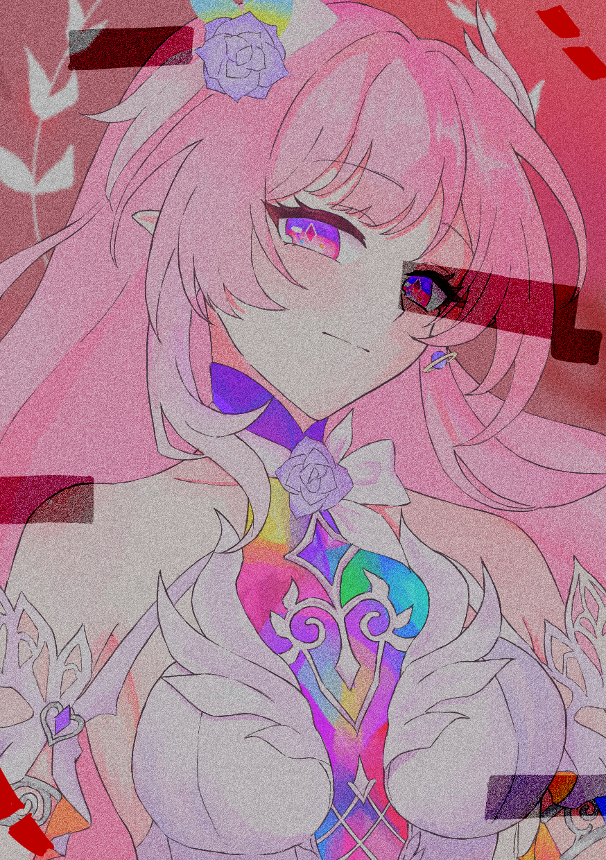 cyrene (honkai: star rail), cyrene (ripples of past reverie) (honkai: star rail), honkai: star rail, honkai (series), highres, 1girl, bare shoulders, breasts, detached sleeves, dress, earrings, flower, glitch, hair flower, hair ornament, jewelry, large breasts, looking at viewer, pink hair, purple eyes, shadow, single earring, solo, user nsgr5275, white dress