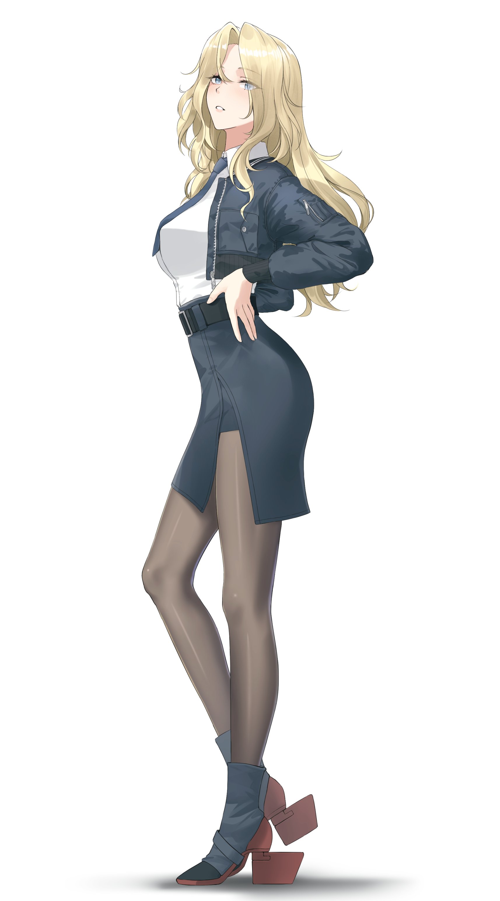 odachu, hornet (kancolle), kantai collection, absurdres, highres, 1girl, ass, belt, black belt, black necktie, black pantyhose, black skirt, blonde hair, blush, bomber jacket, breasts, from side, full body, grey eyes, hands on own hips, jacket, large breasts, long hair, looking at viewer, necktie, pantyhose, pencil skirt, shirt, simple background, skirt, solo, white background, white shirt