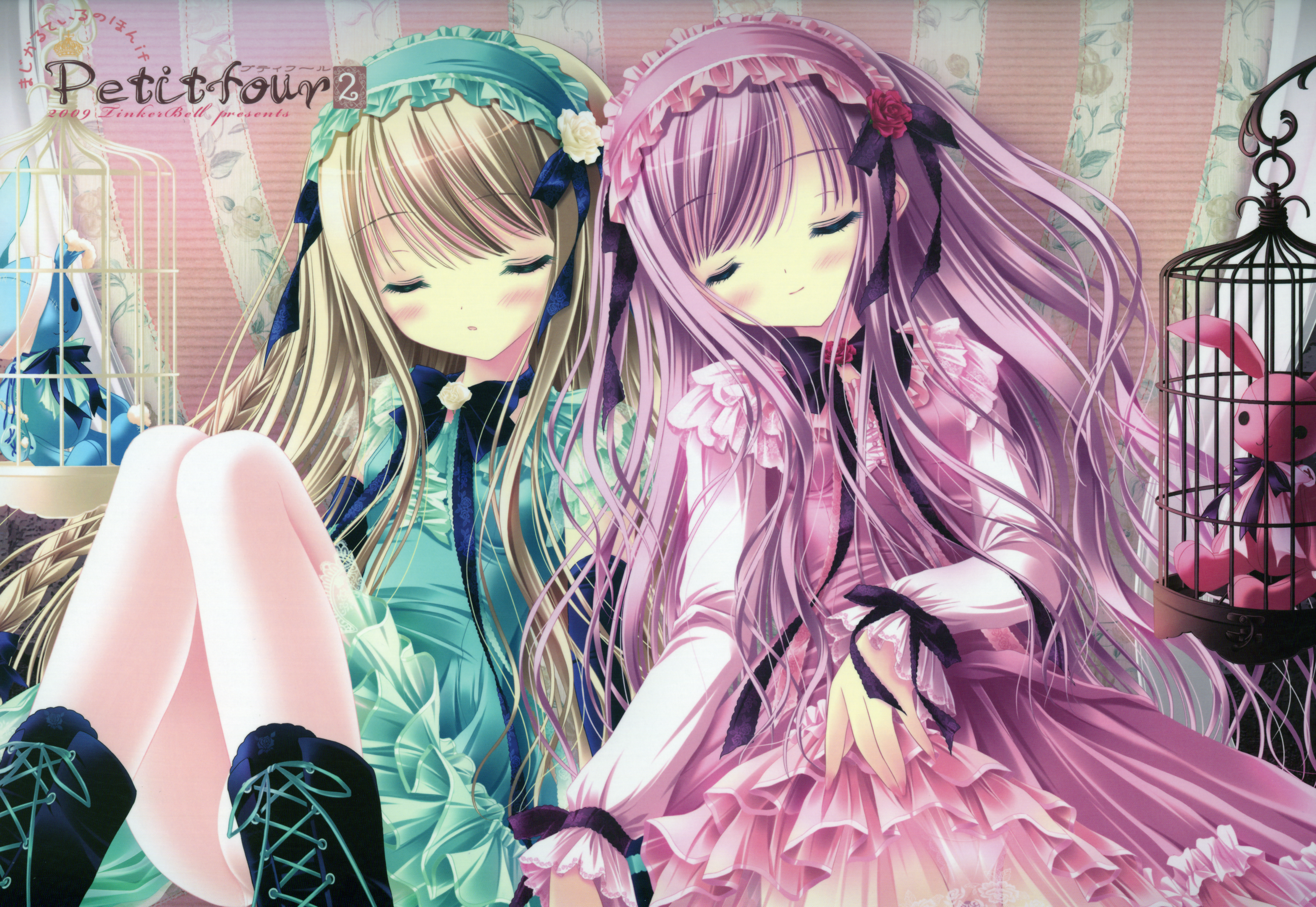 tinker bell (pixiv 10956015), highres, scan, 2girls, blonde hair, boots, cage, closed eyes, doll, lolita fashion, long hair, multiple girls, panties, panties under pantyhose, pantyhose, pantyshot, pink hair, sleeping, underwear, upskirt, white pantyhose