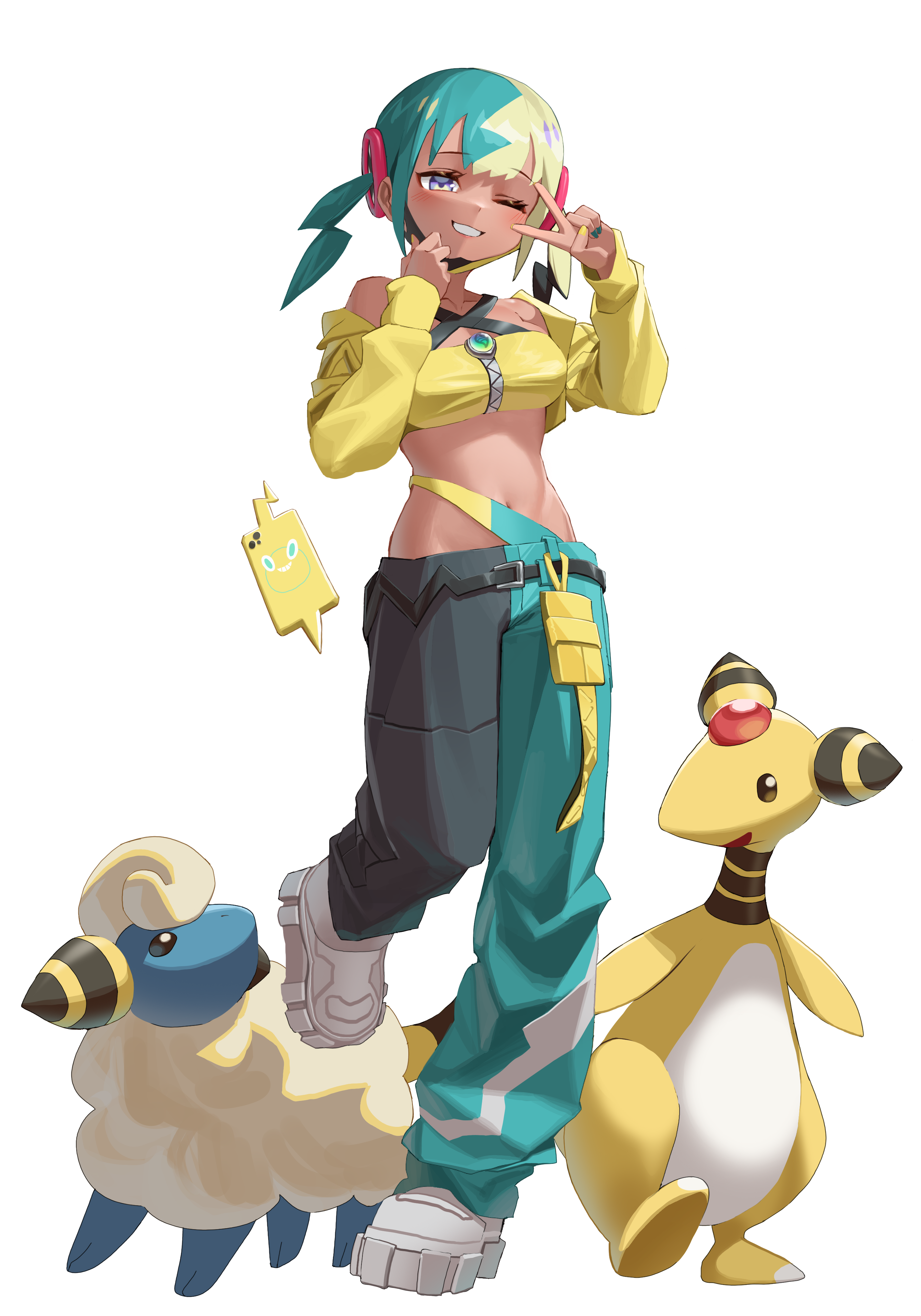 hanho, ampharos, canari (pokemon), mareep, rotom, rotom phone, nintendo, pokemon, pokemon legends: z-a, absurdres, commentary, highres, 1girl, aqua hair, aqua nails, bandeau, belt, black belt, black hair, blonde hair, blush, breasts, cellphone, cropped jacket, dark-skinned female, dark skin, eyelashes, fingernails, full body, gen 2 pokemon, gen 4 pokemon, jacket, long sleeves, mask, mask pull, mega stone, midriff, mouth mask, multicolored hair, multicolored nails, nail polish, navel, one eye closed, open clothes, open jacket, pants, phone, pokemon (creature), shoes, simple background, single bare shoulder, single off shoulder, smartphone, smile, split-color clothes, split-color hair, standing, standing on one leg, twintails, two-tone nails, two-tone pants, v, white background, white shoes, yellow bandeau, yellow jacket, yellow nails, zipper