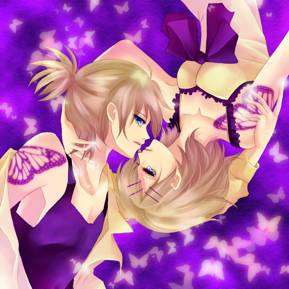 melou, kagamine len, kagamine rin, migikata no chou (vocaloid), vocaloid, bad id, bad pixiv id, 1boy, 1girl, blonde hair, blue eyes, brother and sister, bug, butterfly, butterfly wings, hair ornament, hairclip, hetero, incest, insect, insect wings, short hair, siblings, tattoo, twincest, twins, wings