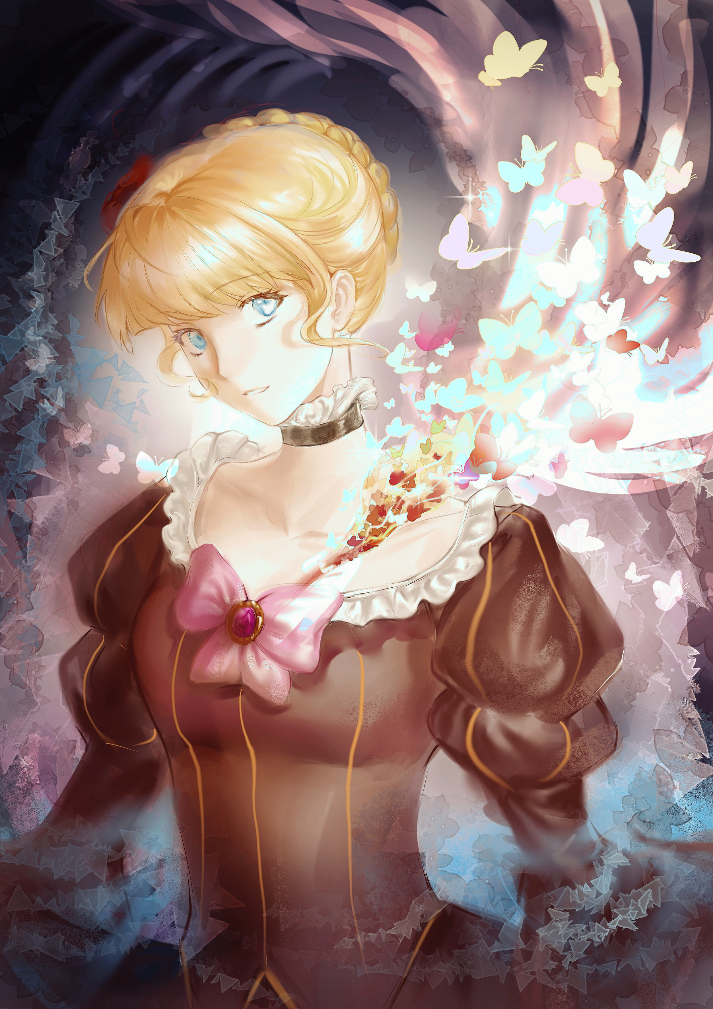 beatrice (umineko), umineko no naku koro ni, highres, 1girl, black choker, blonde hair, blue eyes, blunt bangs, bow, braid, bug, butterfly, choker, crown braid, floating hair, flower, frilled choker, frills, gem, hair flower, hair ornament, head tilt, insect, looking to the side, parted lips, pink bow, puffy sleeves, purple gemstone, qiaokelijie, red flower, red rose, rose, sidelocks, smile, solo, too many, too many butterflies, upper body, wavy hair, wide sleeves