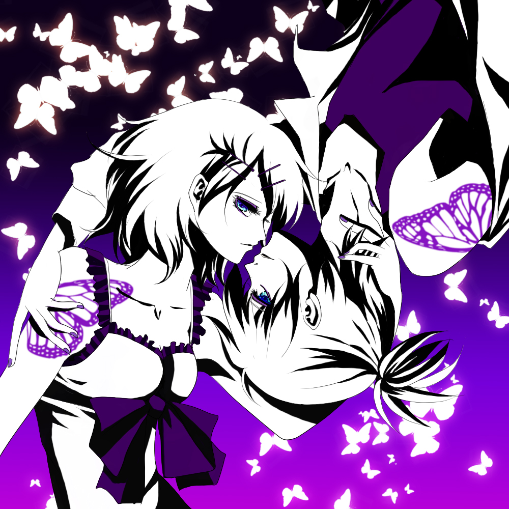 melou, kagamine len, kagamine rin, migikata no chou (vocaloid), vocaloid, bad id, bad pixiv id, 1boy, 1girl, blue eyes, brother and sister, bug, butterfly, butterfly wings, gradient background, hetero, high contrast, incest, insect, insect wings, monochrome, purple background, purple theme, short hair, siblings, spot color, tattoo, twincest, twins, wings