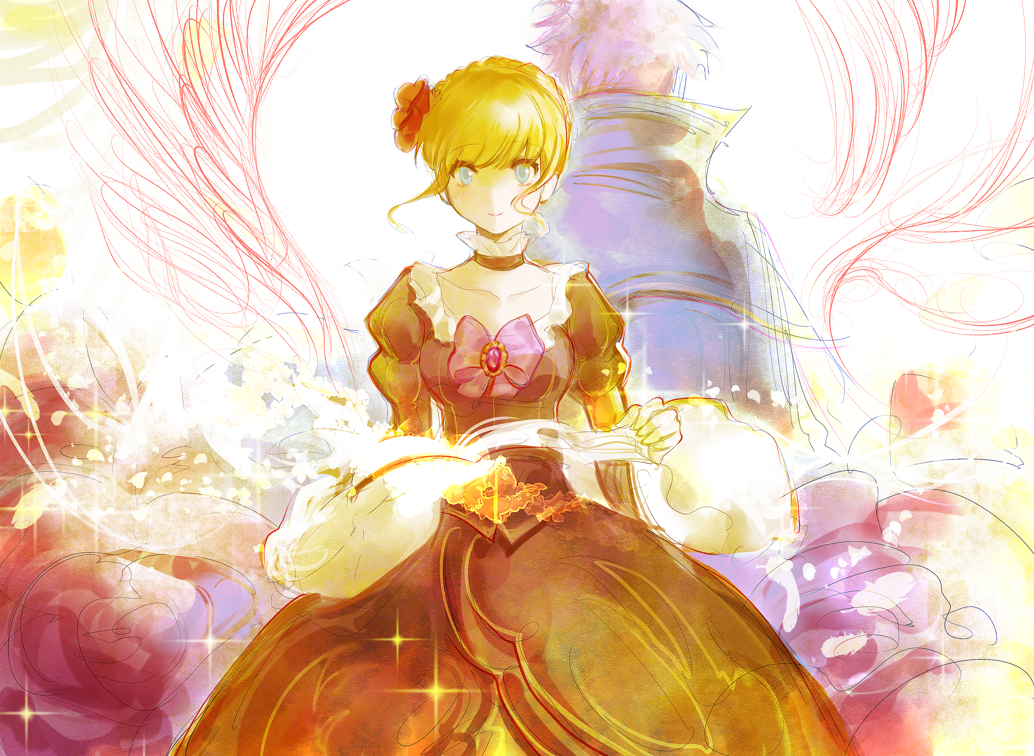 beatrice (umineko), ushiromiya battler, umineko no naku koro ni, absurdres, highres, 1boy, 1girl, abstract background, blonde hair, blue eyes, bow, brown dress, c:, cowboy shot, dress, facing away, floating hair, flower, from behind, gem, hair flower, hair ornament, looking at viewer, no nose, pale skin, pink bow, pink gemstone, puffy sleeves, qiaokelijie, red flower, smile, solo, straight-on, wavy hair, wide sleeves