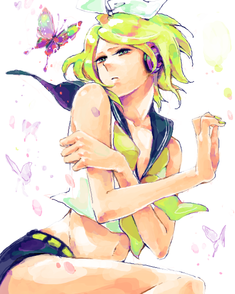 aono nachi, ntk, kagamine rin, migikata no chou (vocaloid), vocaloid, bad id, bad pixiv id, 1girl, blonde hair, bug, butterfly, female focus, green eyes, green hair, hair ribbon, headphones, insect, matching hair/eyes, midriff, multicolored hair, ribbon, short hair, shorts, solo