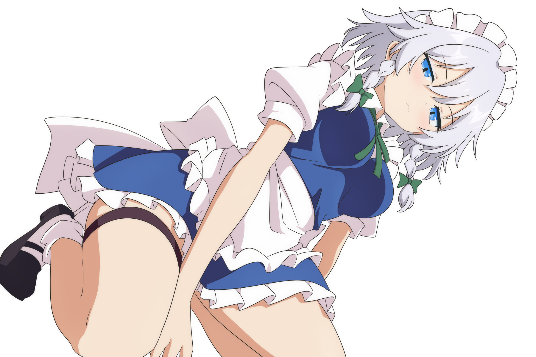cato (monocatienus), izayoi sakuya, touhou, commentary request, highres, 1girl, apron, black shoes, blue dress, blue eyes, braid, closed mouth, dress, expressionless, frills, hair between eyes, legs, looking at viewer, maid, maid apron, maid headdress, shirt, shoes, short sleeves, socks, solo, squatting, thigh strap, thighs, twin braids, white background, white hair, white shirt, white socks