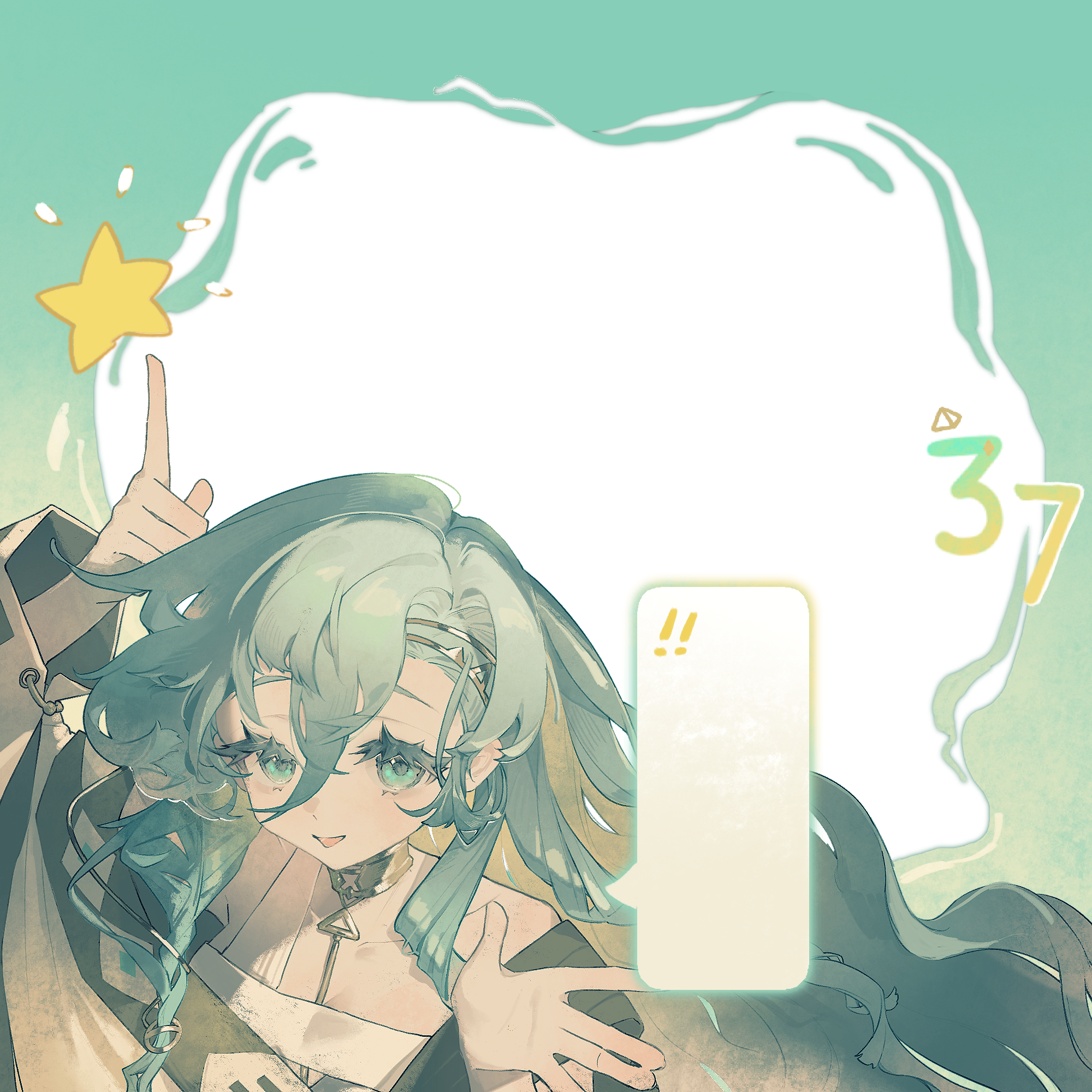 jiaji, 37 (reverse:1999), reverse:1999, highres, !, !!, 1girl, :d, ancient greek clothes, blue eyes, blue hair, border, character name, gold choker, greco-roman clothes, green border, hair between eyes, hands up, index finger raised, long hair, open mouth, outside border, smile, solo, speech bubble, spoken exclamation mark, star (symbol), toga, upper body, very long hair, white background