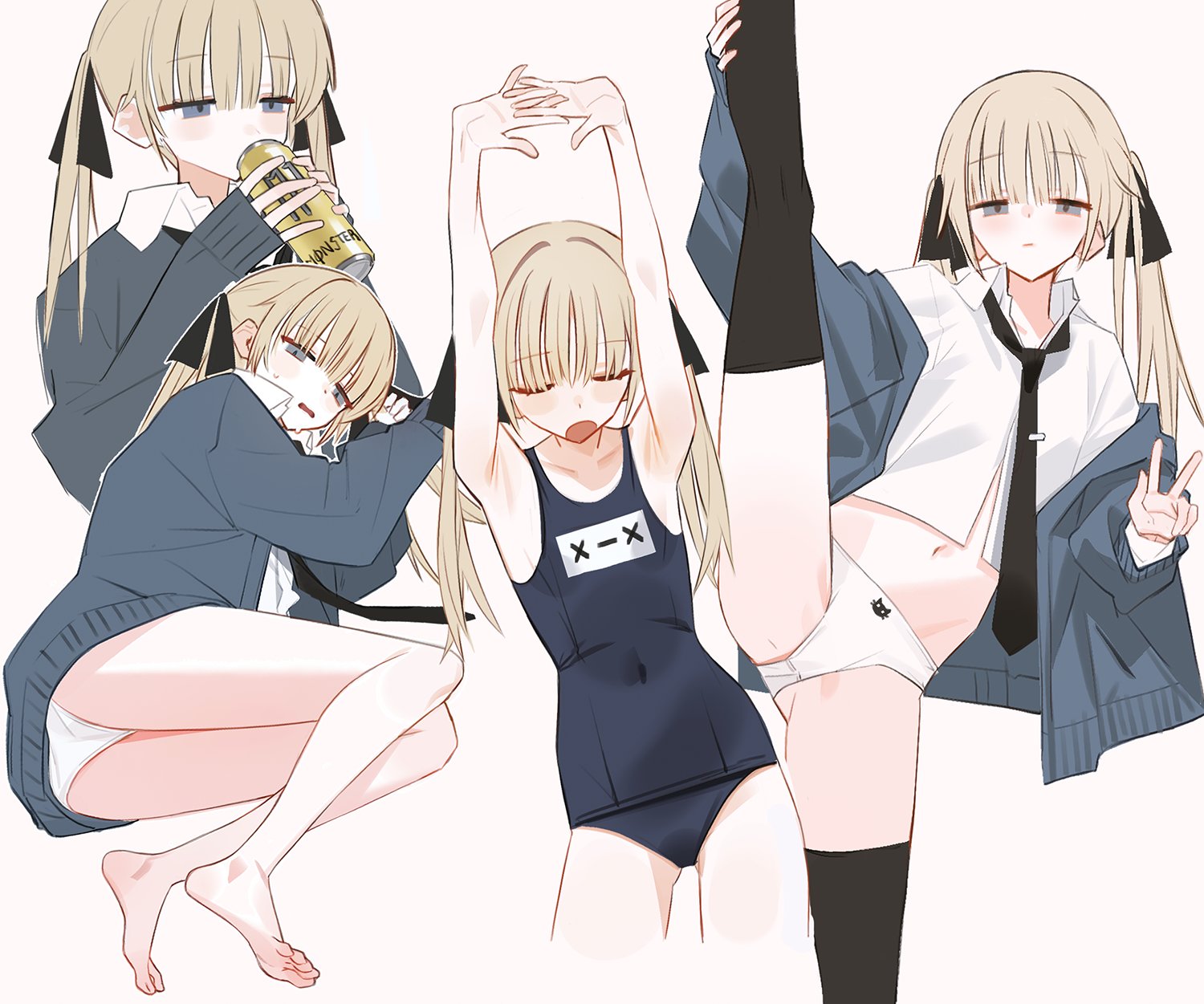 planbi, monster energy, original, highres, 1girl, armpits, arms up, ass, bare arms, bare legs, barefoot, black necktie, black ribbon, black thighhighs, blonde hair, blue cardigan, blue eyes, blue one-piece swimsuit, blush stickers, can, cardigan, closed eyes, closed mouth, collared shirt, covered navel, cropped legs, dress shirt, drinking, energy drink, feet, flat chest, hair ribbon, holding, holding can, interlocked fingers, long sleeves, looking at viewer, lying, multiple views, navel, necktie, no pants, off shoulder, old school swimsuit, on side, one-piece swimsuit, open cardigan, open clothes, open mouth, own hands together, panties, ribbon, school swimsuit, shirt, simple background, sleeves past wrists, soles, split, standing, standing on one leg, standing split, stretching, sweat, swimsuit, thighhighs, tie clip, toes, twintails, underwear, w, white background, white panties, white shirt