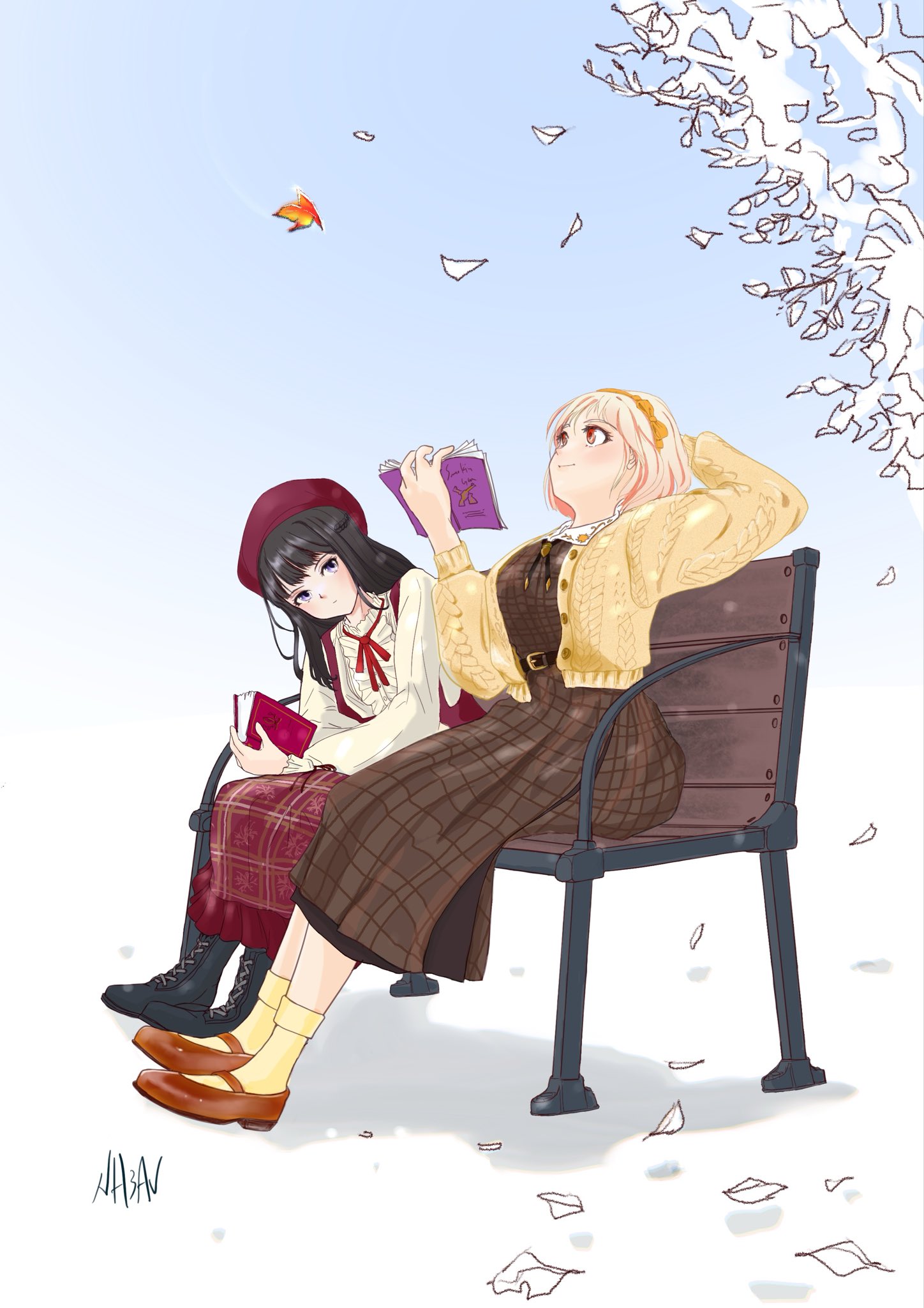 inoue takina, nishikigi chisato, lycoris recoil, highres, 2girls, autumn leaves, black hair, blonde hair, blush, book, dress, holding, holding book, leaf, long hair, multiple girls, nh3 av, purple eyes, red eyes, short hair, sitting