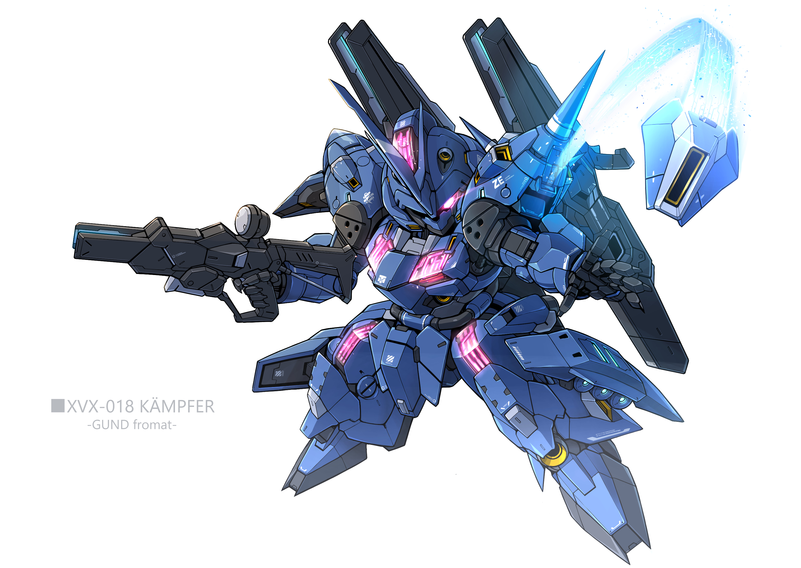 takamaru (taka1220), kampfer (mobile suit), gundam, gundam 0080, gundam suisei no majo, original, commentary request, highres, beam cannon, bit (gundam), character name, finger on trigger, full body, glowing, glowing eye, gun, holding, holding gun, holding weapon, horns, looking at viewer, mecha, mecha focus, mobile suit, no humans, one-eyed, outstretched arm, purple eyes, redesign, robot, science fiction, shoulder spikes, simple background, single horn, solo, spikes, thrusters, weapon, white background
