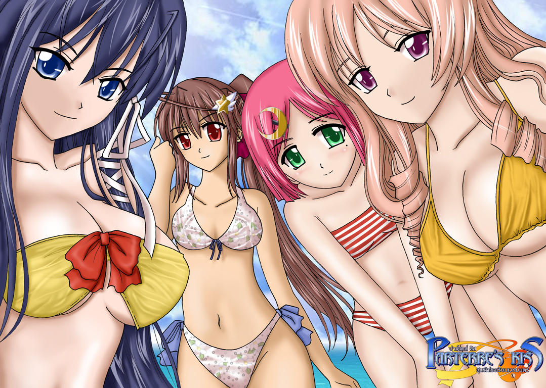 seraphina, 4girls, bikini, blue eyes, blue hair, breasts, brown hair, flat chest, green eyes, hair ornament, large breasts, looking at viewer, multiple girls, parterre's kiss, pink hair, purple eyes, red eyes, smile, swimsuit, underboob